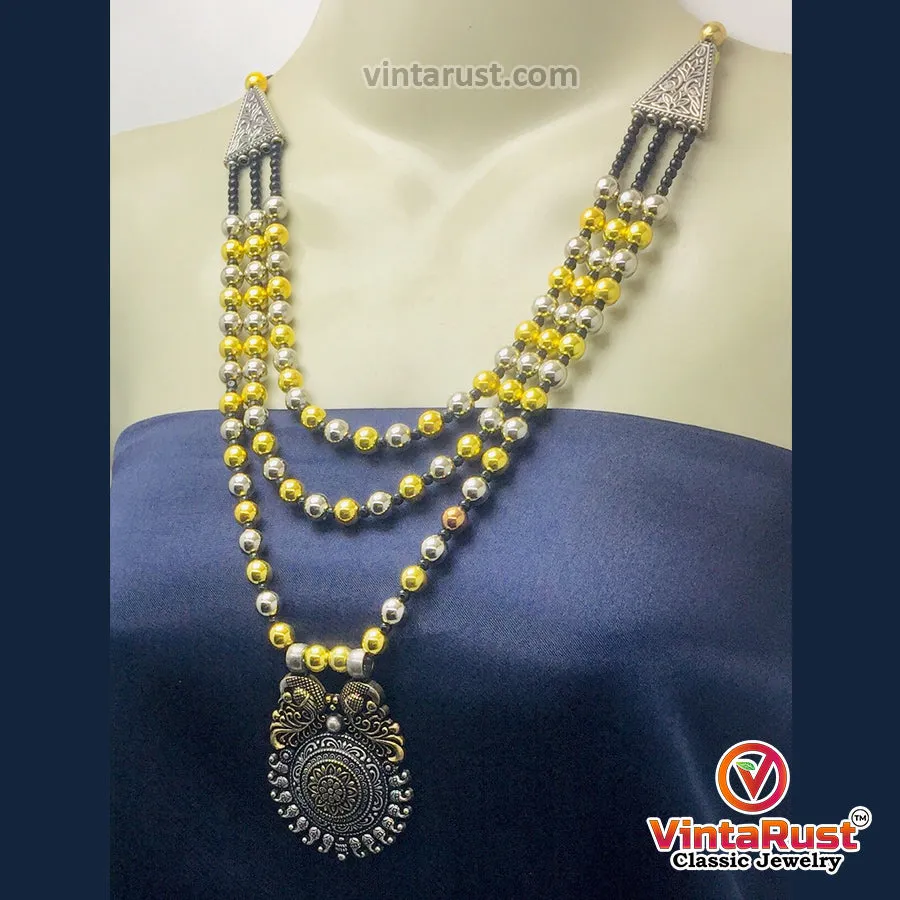 Silver And Golden Beaded Chain Necklace