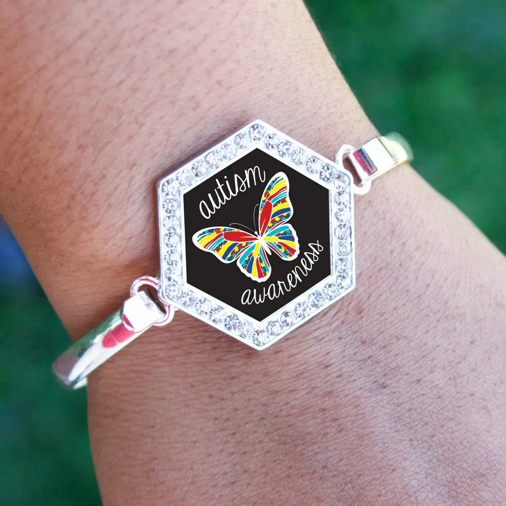 Silver Autism Butterfly Hexagon Charm Bangle Bracelet