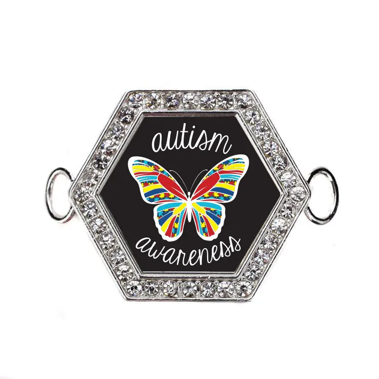 Silver Autism Butterfly Hexagon Charm Bangle Bracelet