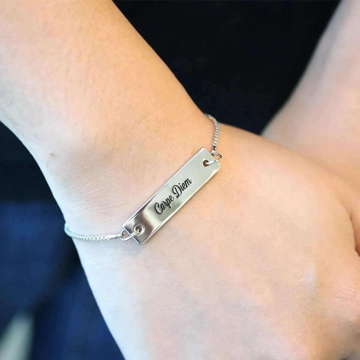 Silver Carpe Diem Adjustable Bar Bracelet