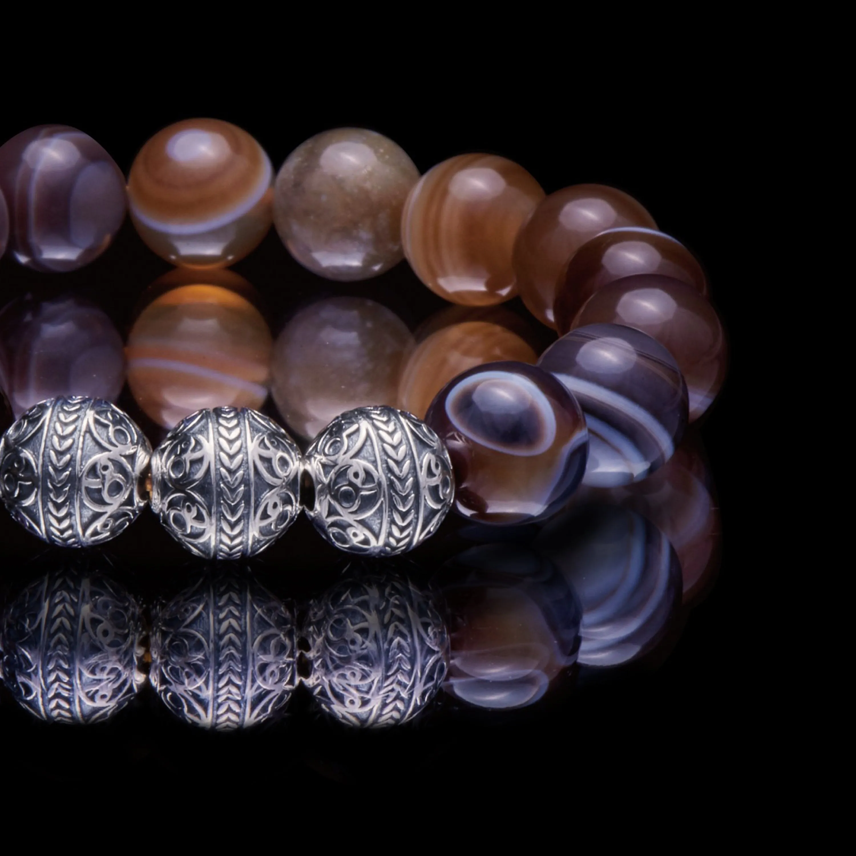 Silver Classic Brown Agate Beaded Bracelet