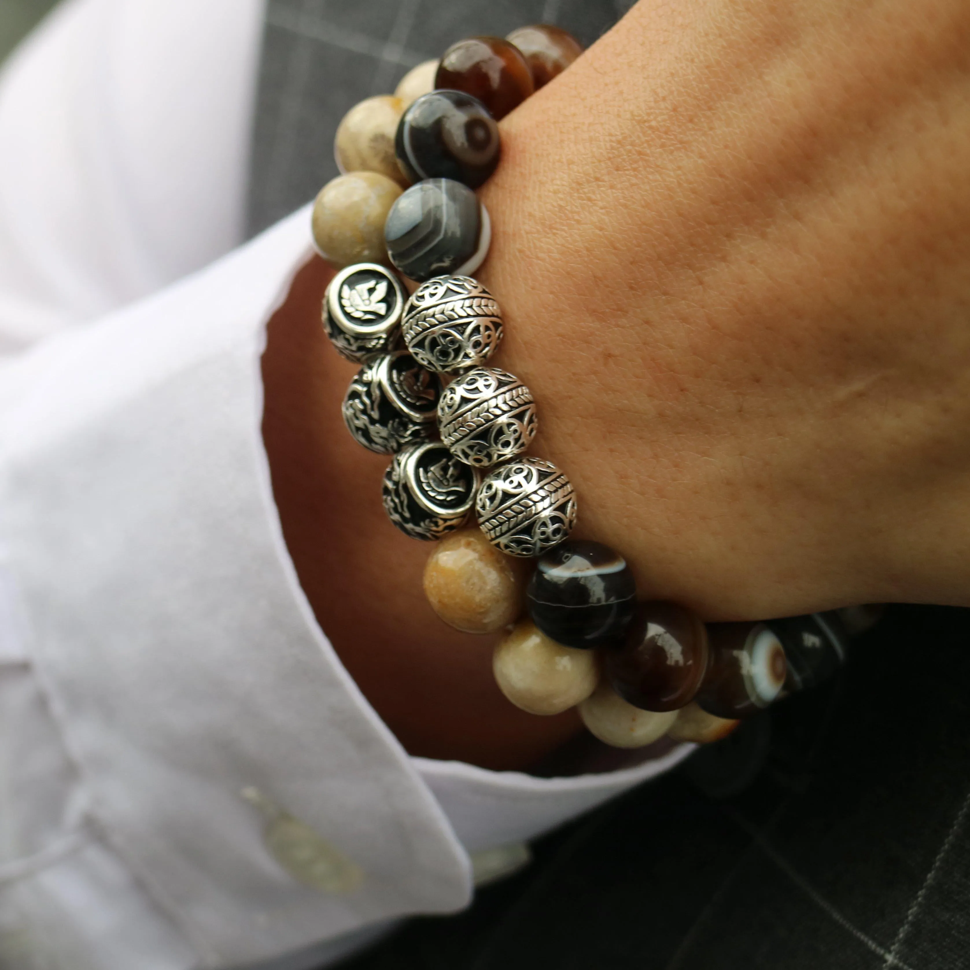 Silver Classic Brown Agate Beaded Bracelet