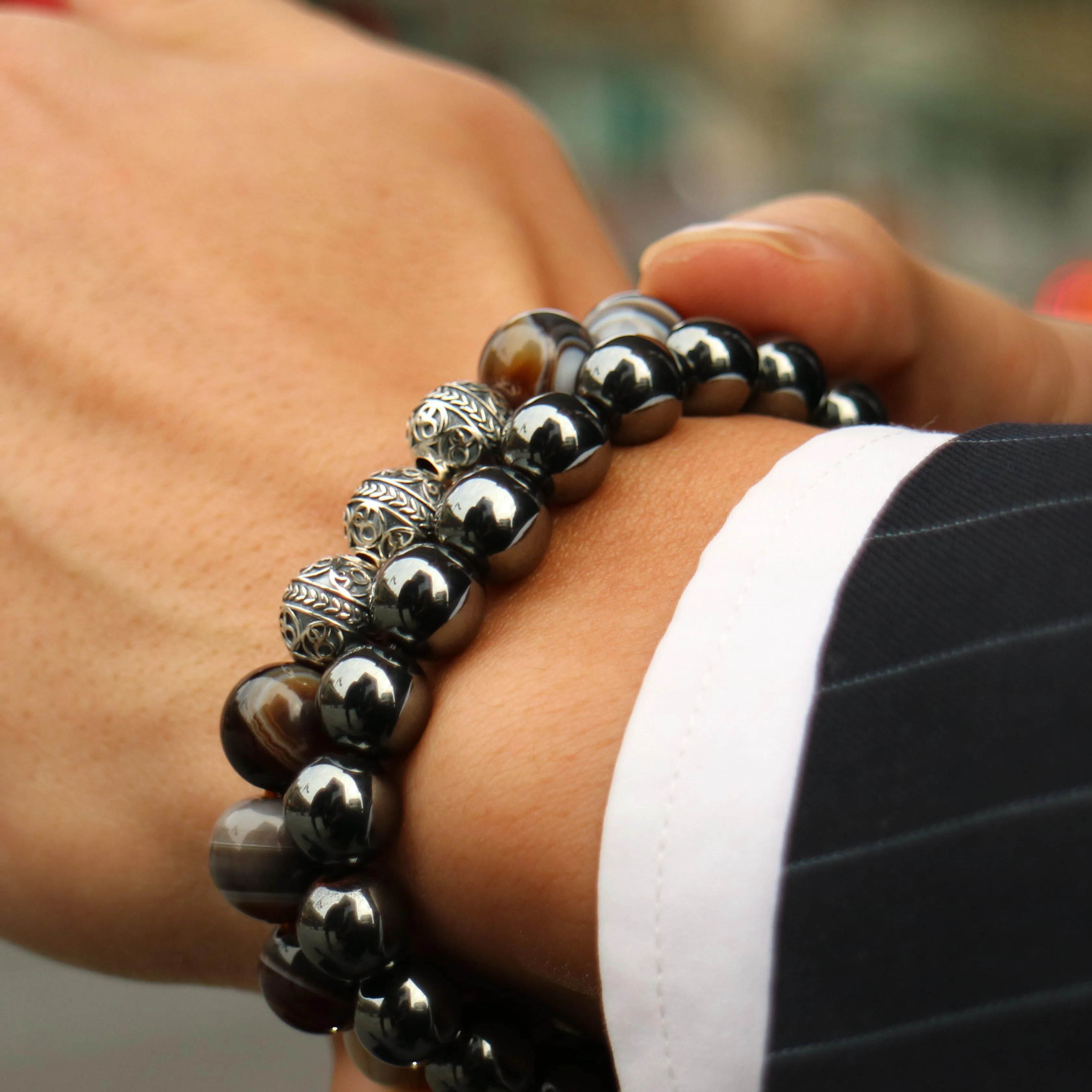 Silver Classic Brown Agate Beaded Bracelet