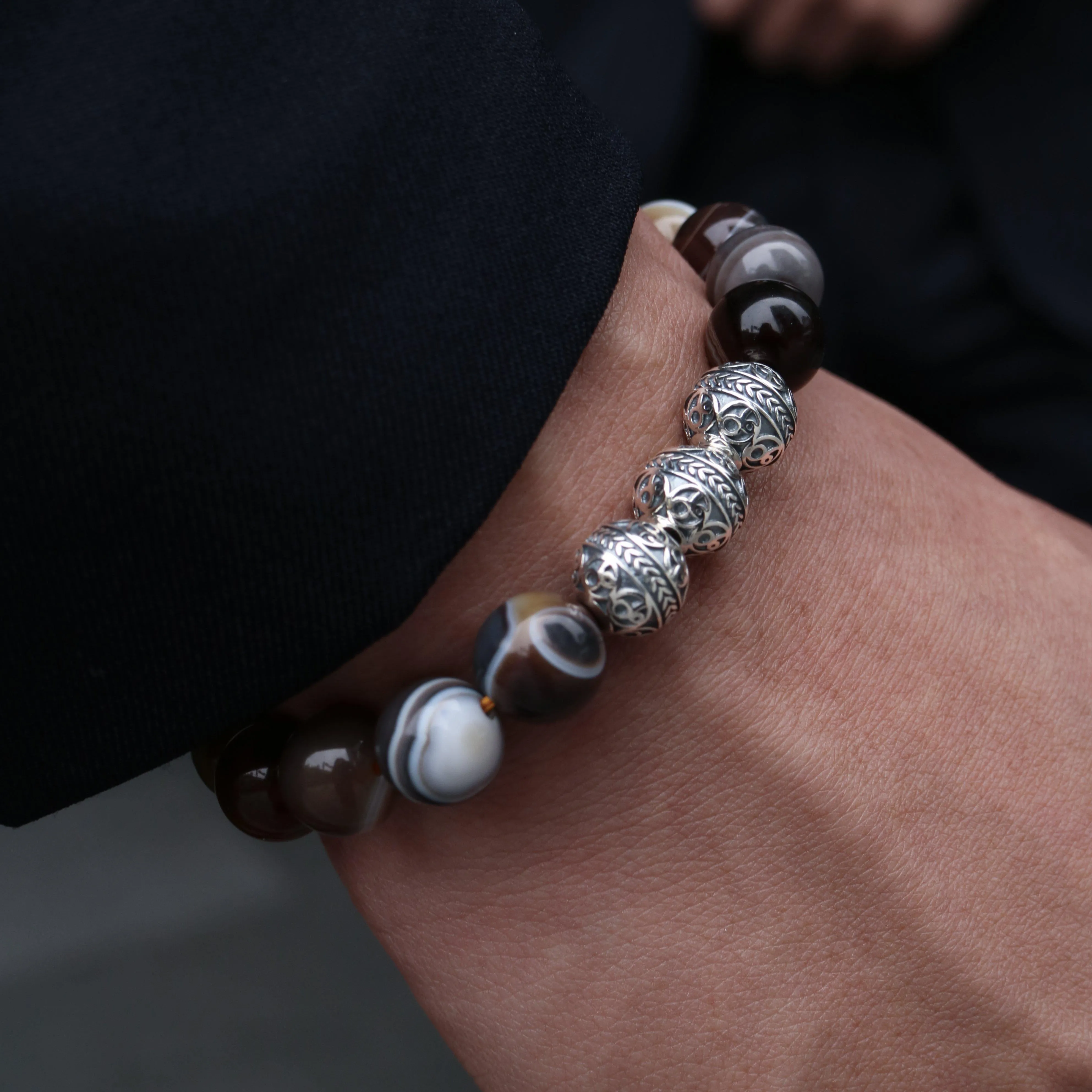 Silver Classic Brown Agate Beaded Bracelet