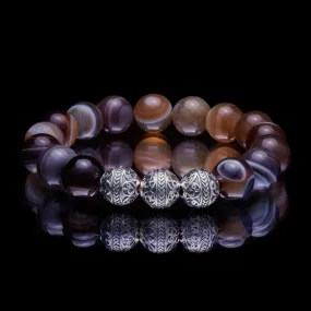 Silver Classic Brown Agate Beaded Bracelet