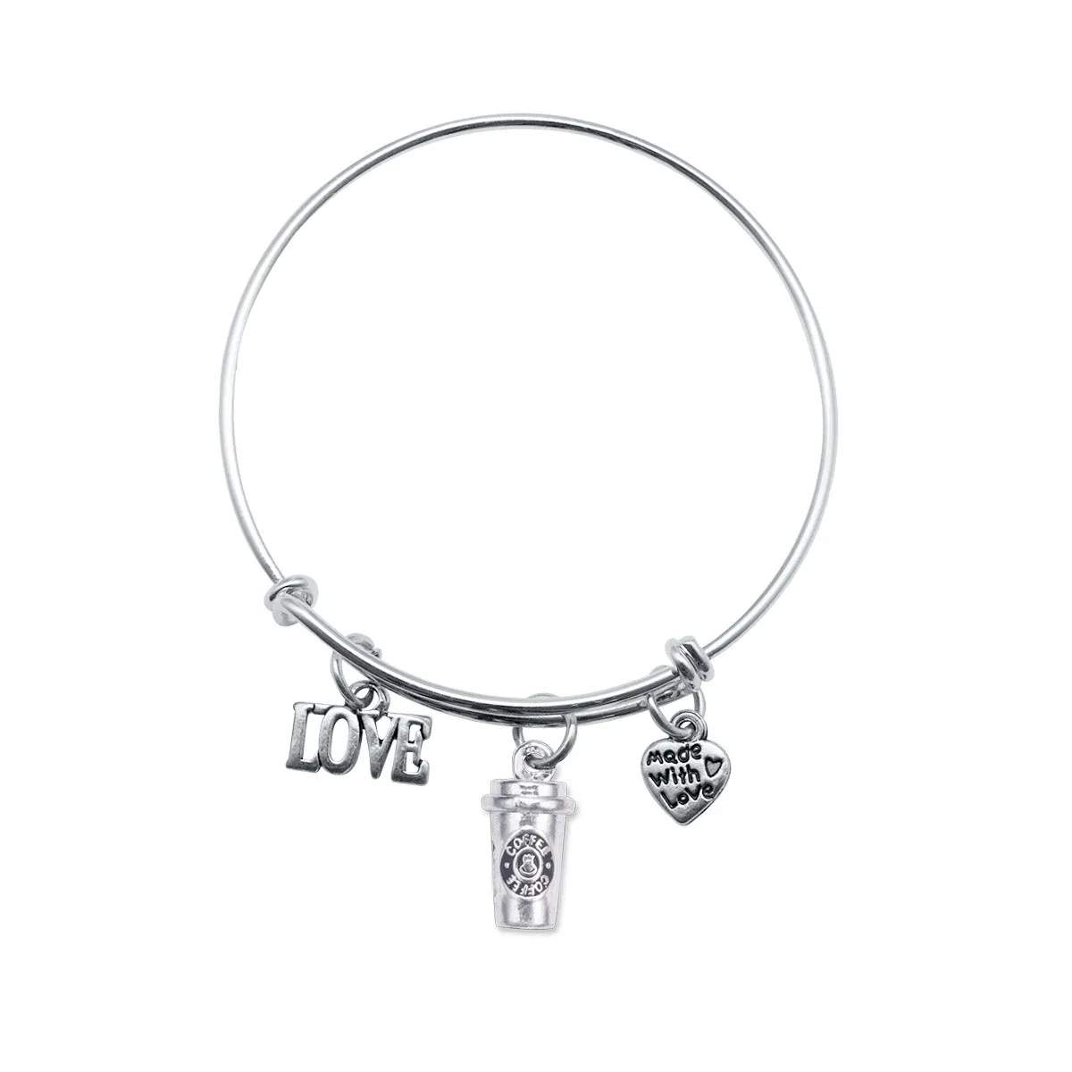 Silver Coffee Travel Mug Charm Wire Bangle Bracelet