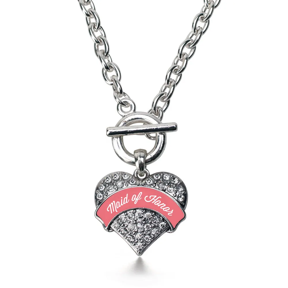 Silver Coral Maid of Honor Pave Heart Charm Toggle Necklace