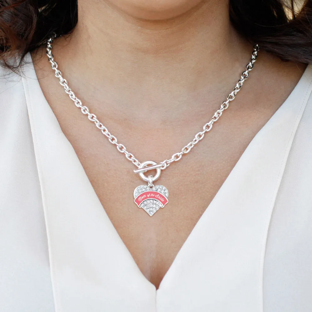 Silver Coral Mom of Bride Pave Heart Charm Toggle Necklace