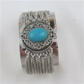 Silver Cuff Wide Bracelet with Turquoise Gemstone Accent