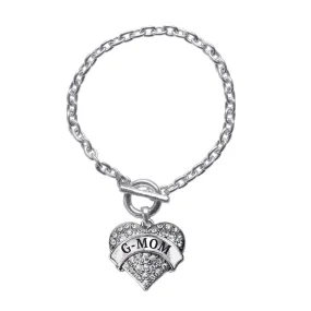 Silver G-mom Pave Heart Charm Toggle Bracelet