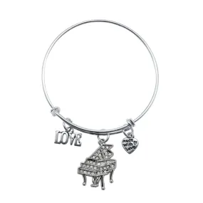 Silver Love Piano Charm Wire Bangle Bracelet