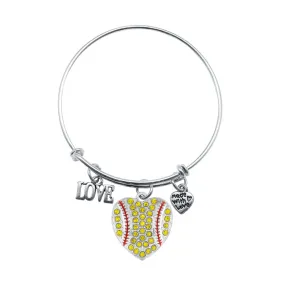 Silver Love Softball Heart Charm Wire Bangle Bracelet