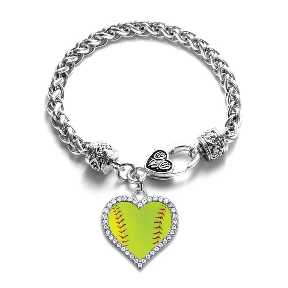 Silver Softball Open Heart Charm Toggle Bracelet