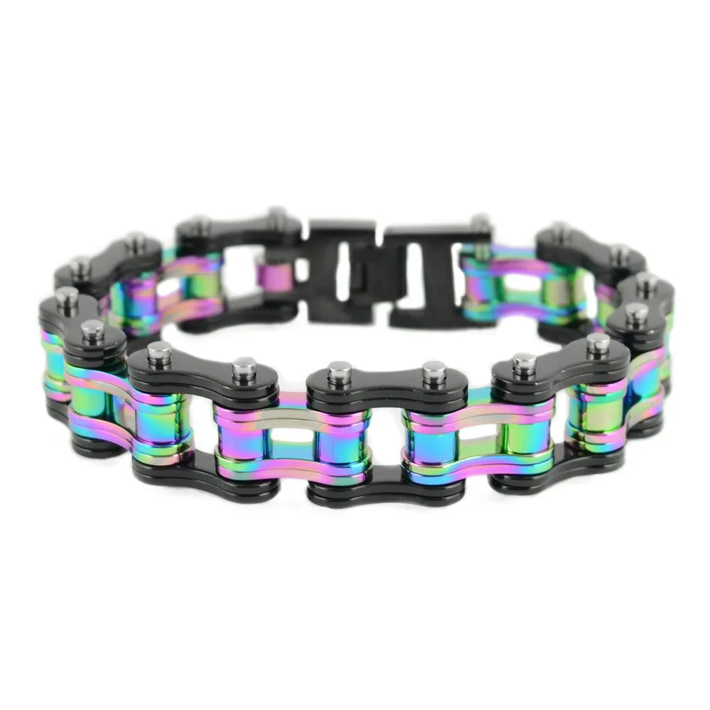 SK1838 Two Tone Black Rainbow 3/4" Wide Double Link Design Stainless Steel Motorcycle Chain Bracelet