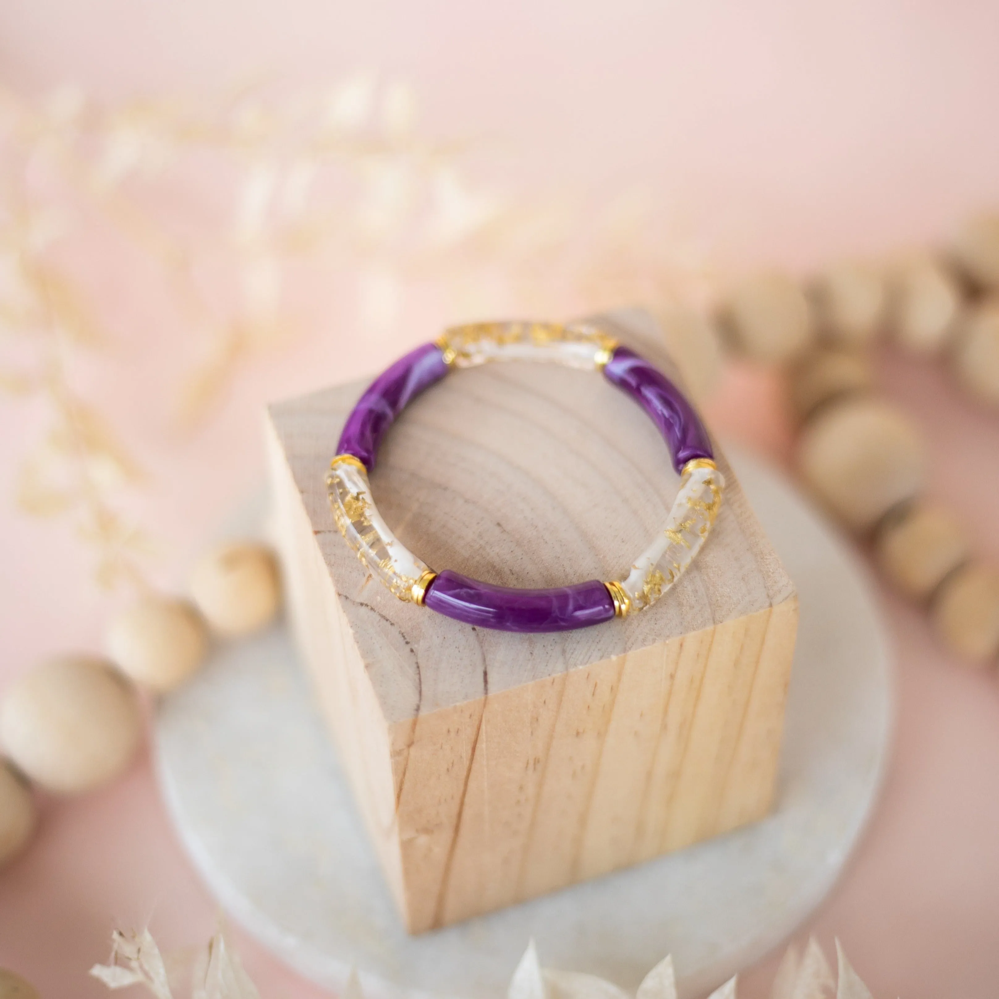 Skinny Acrylic Bamboo Bracelet: Violet   Gold Leaf