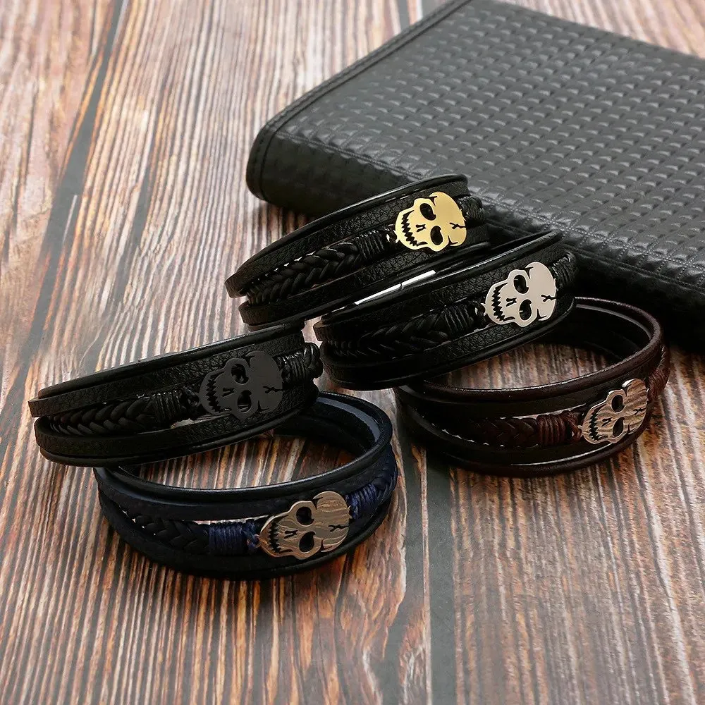 Skull Leather Bracelet Men's Personalized Multi-layer Woven leather Bracelet with Magnetic Clasp for Men