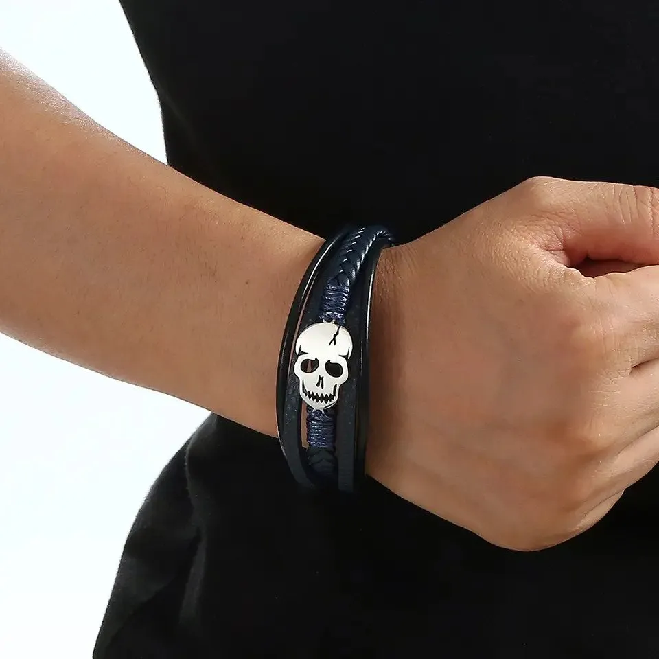 Skull Leather Bracelet Men's Personalized Multi-layer Woven leather Bracelet with Magnetic Clasp for Men