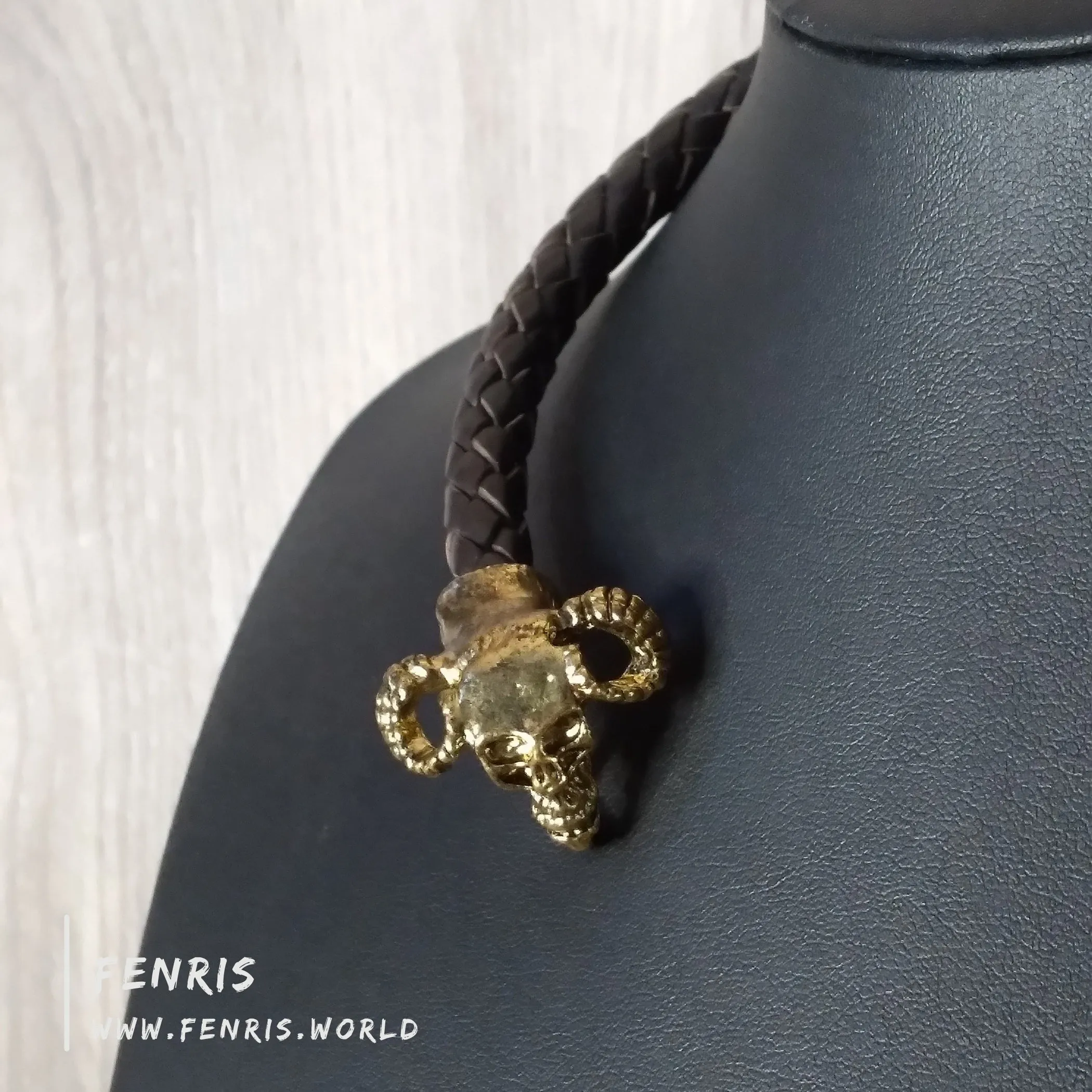 Skull Torc Necklace Gold Horned Brown Leather | Fenris