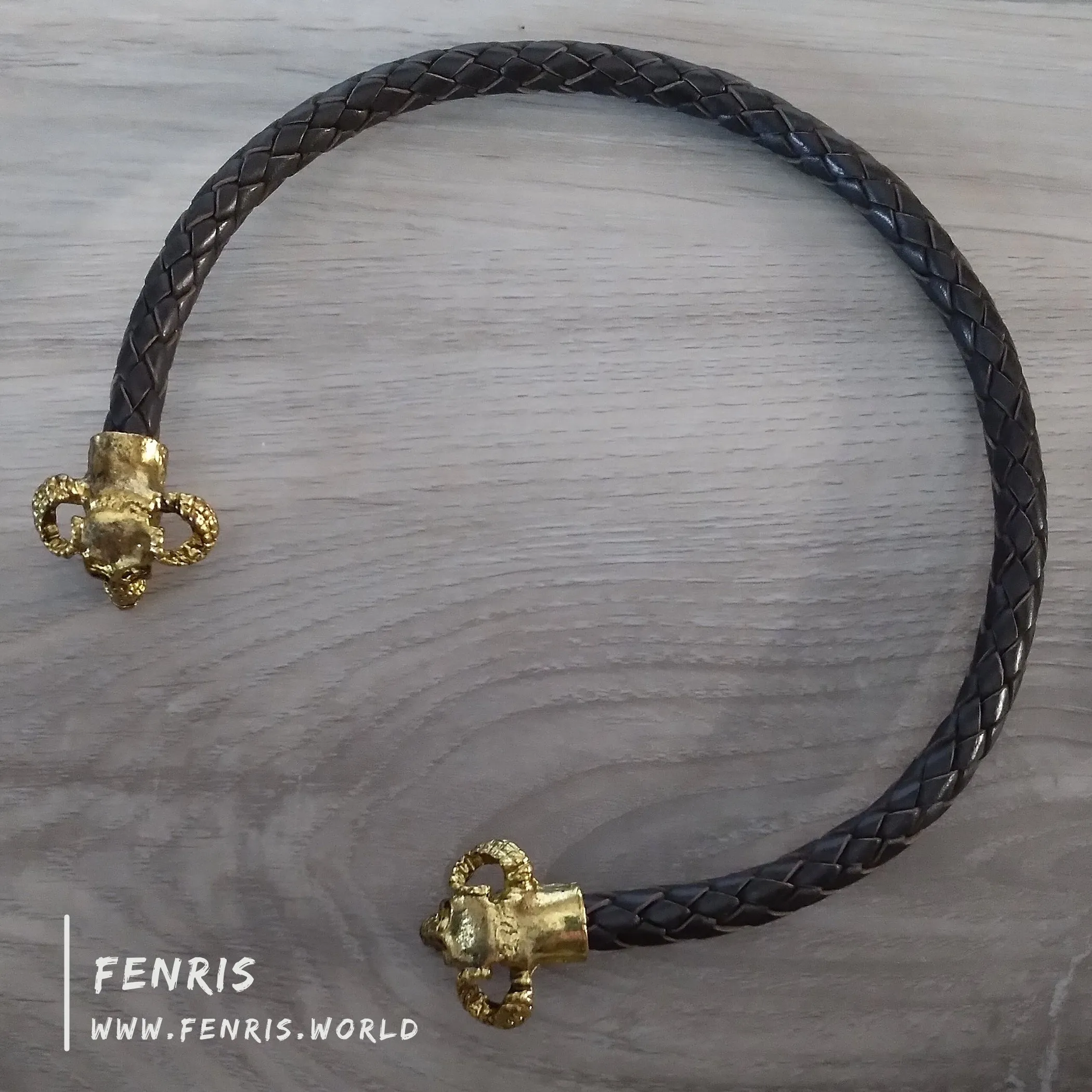 Skull Torc Necklace Gold Horned Brown Leather | Fenris