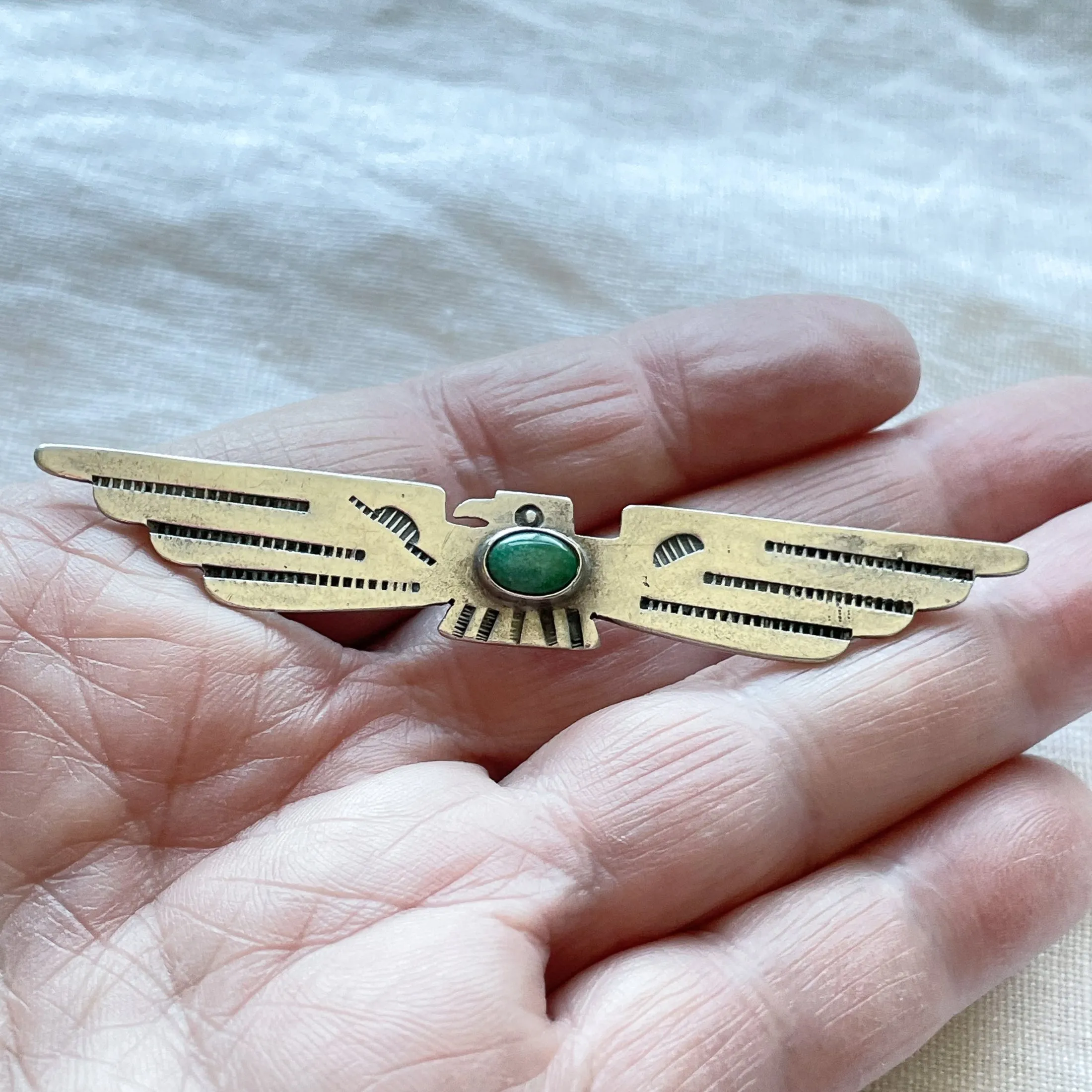 SOLD Vintage Silver Thunderbird Fred Harvey Era Brooch, Turquoise Stamped Pin