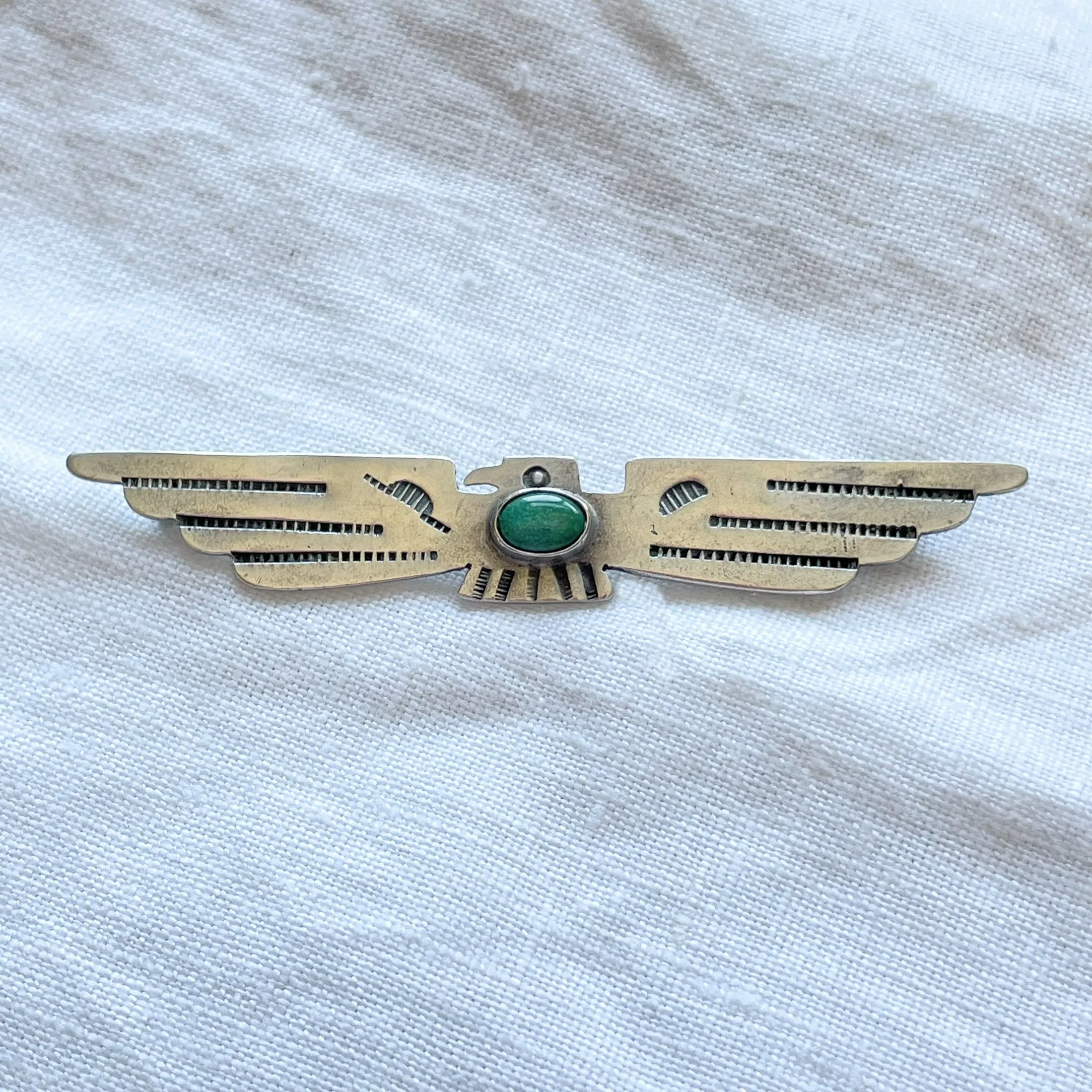 SOLD Vintage Silver Thunderbird Fred Harvey Era Brooch, Turquoise Stamped Pin