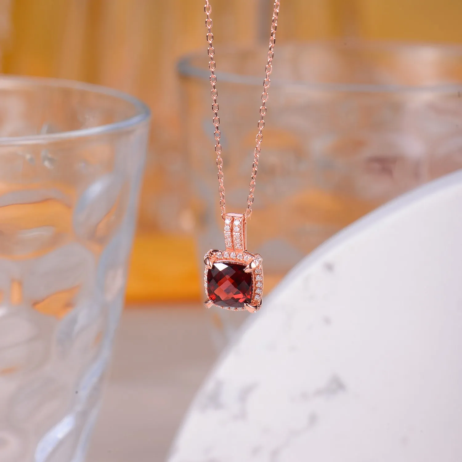 Soleste Halo Square Natural Red Garnet Silver Necklace