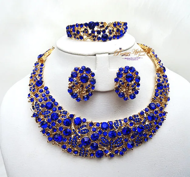 Sparkling Royal Blue Gold Costume Fashion Party Wedding Necklace Earring Bracelet Jewellery Set