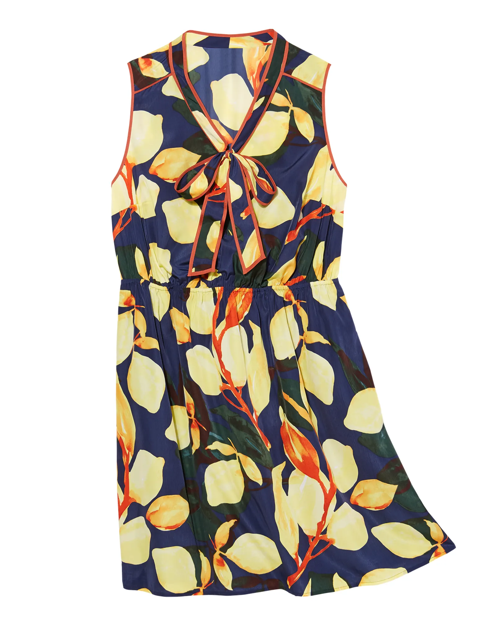 Springfield Sleevless Tie Neck Gathered Waist Dress | Navy / Yellow