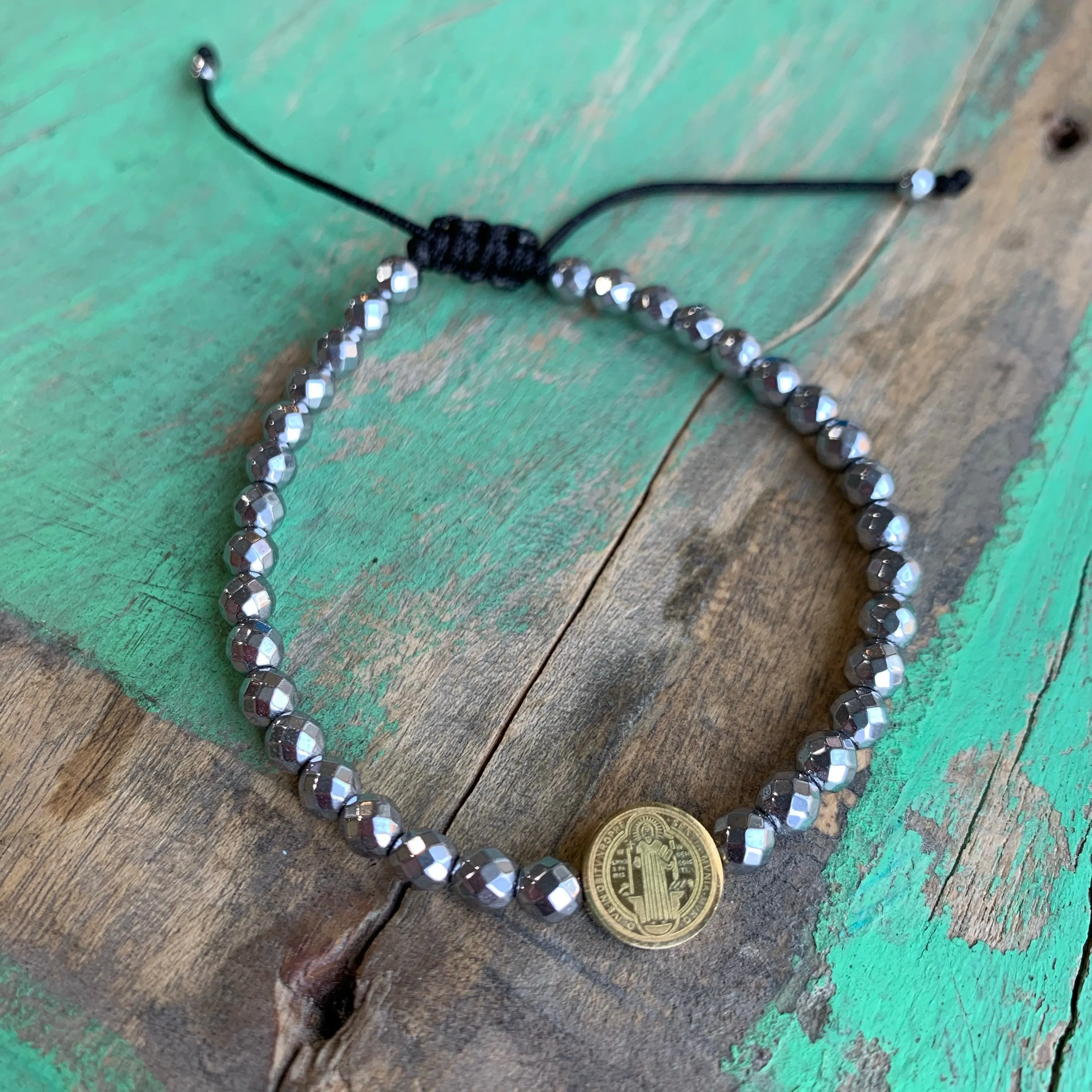 St Benedict and Hematite Cord Bracelet