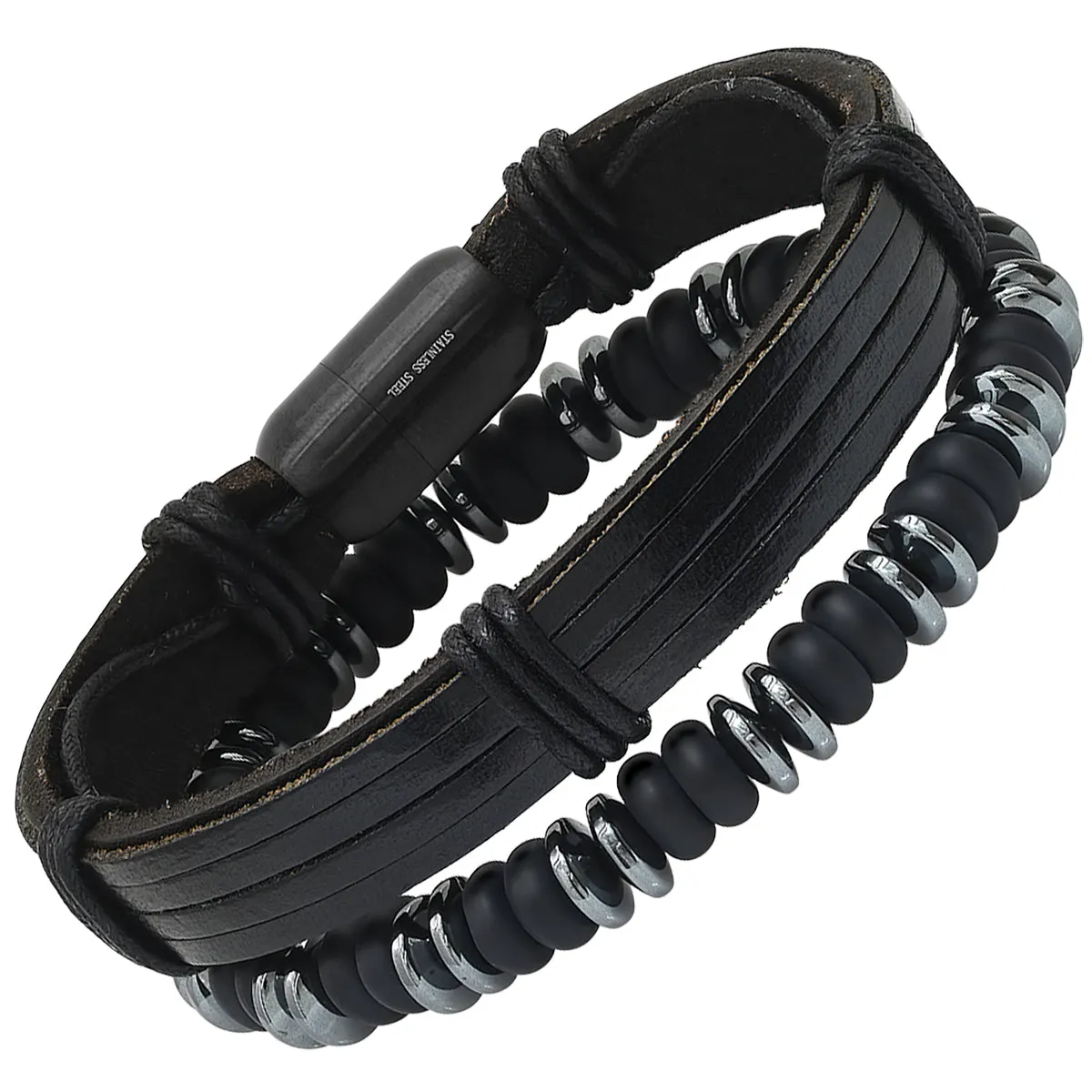 SteelTime Leather, Hematite,   Lava Beaded Bracelet Stack