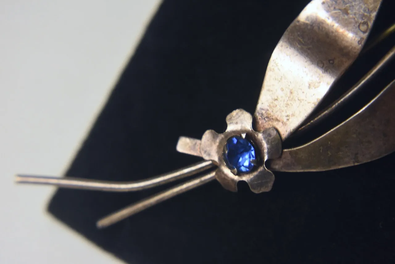 Sterling Silver and Blue Crystal Flower Brooch