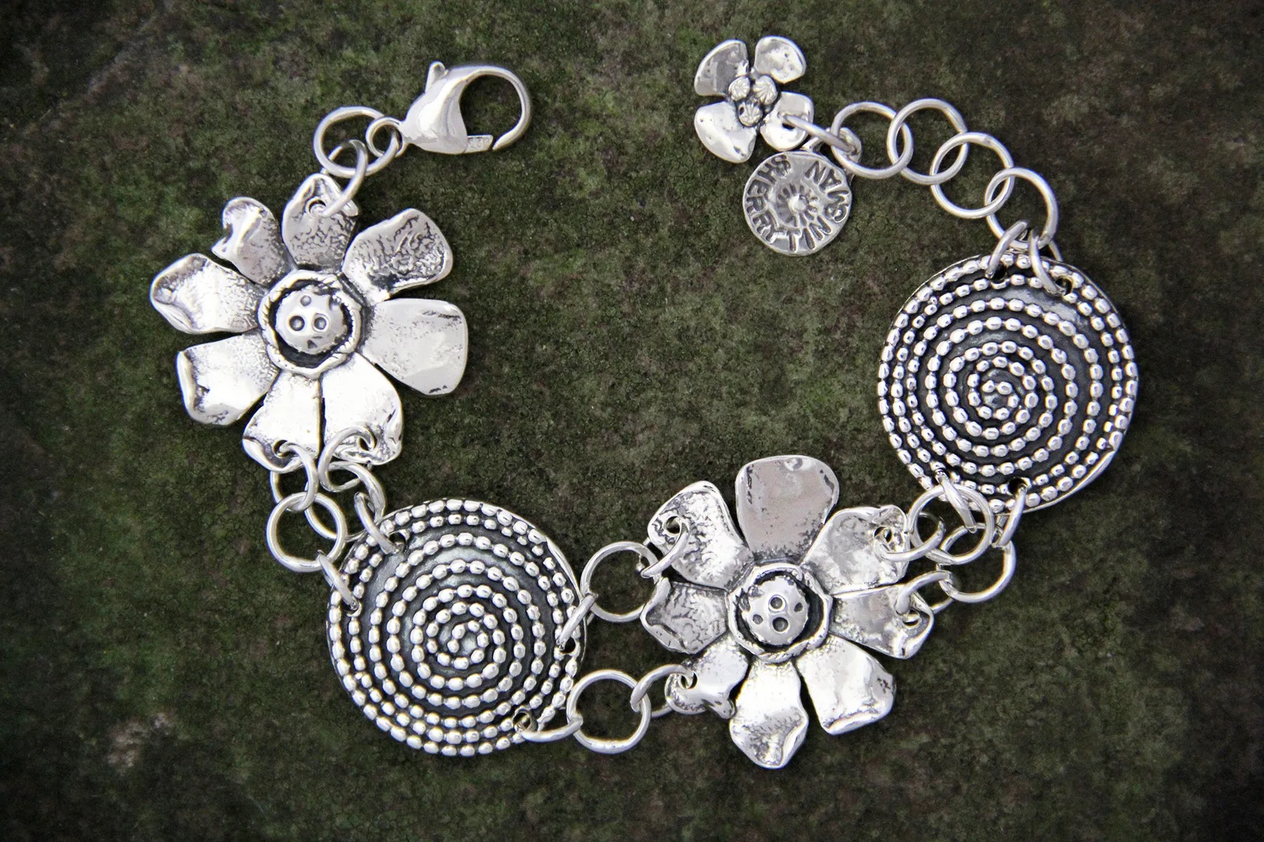 Sterling Silver Beaded Spiral and Sunflower Bracelet