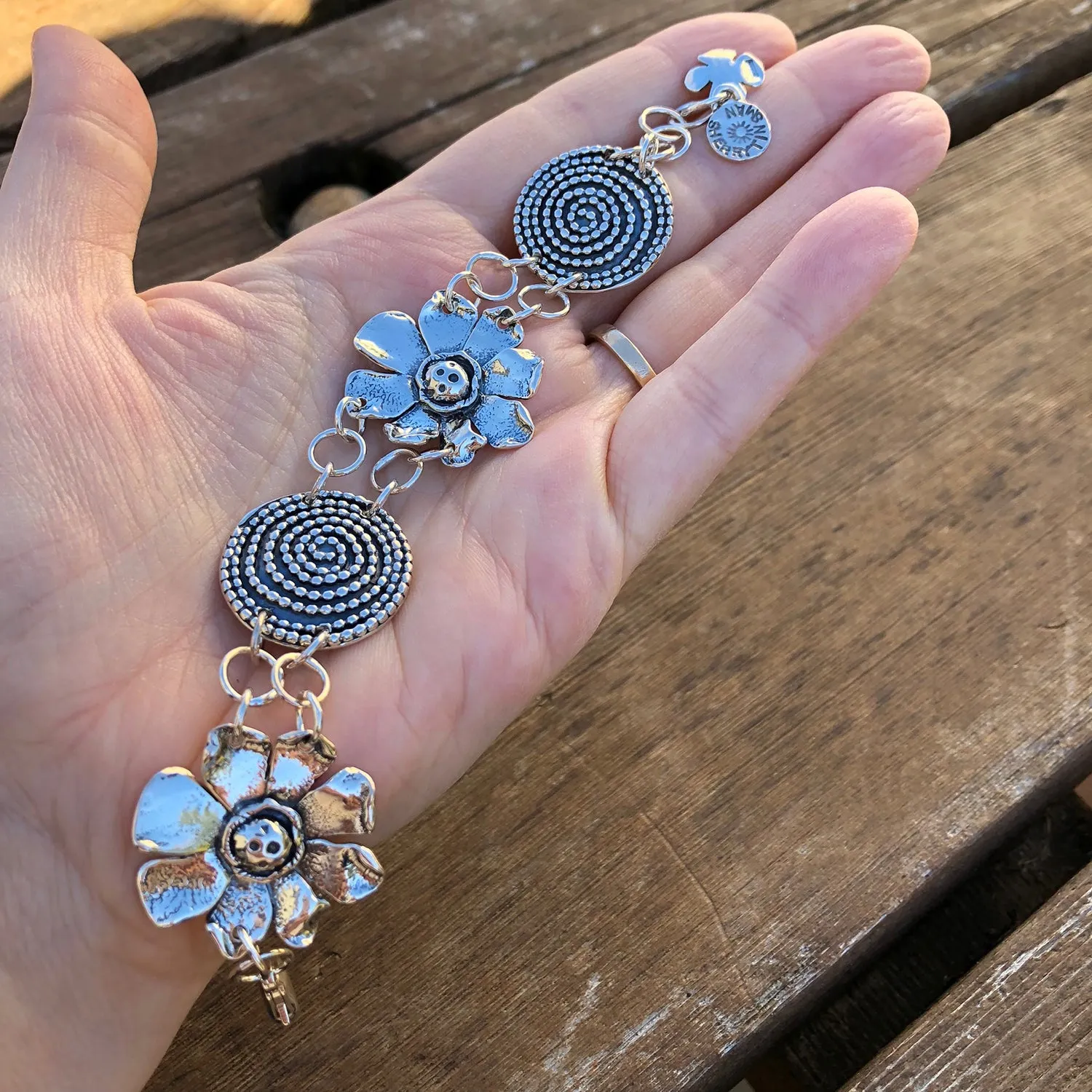 Sterling Silver Beaded Spiral and Sunflower Bracelet