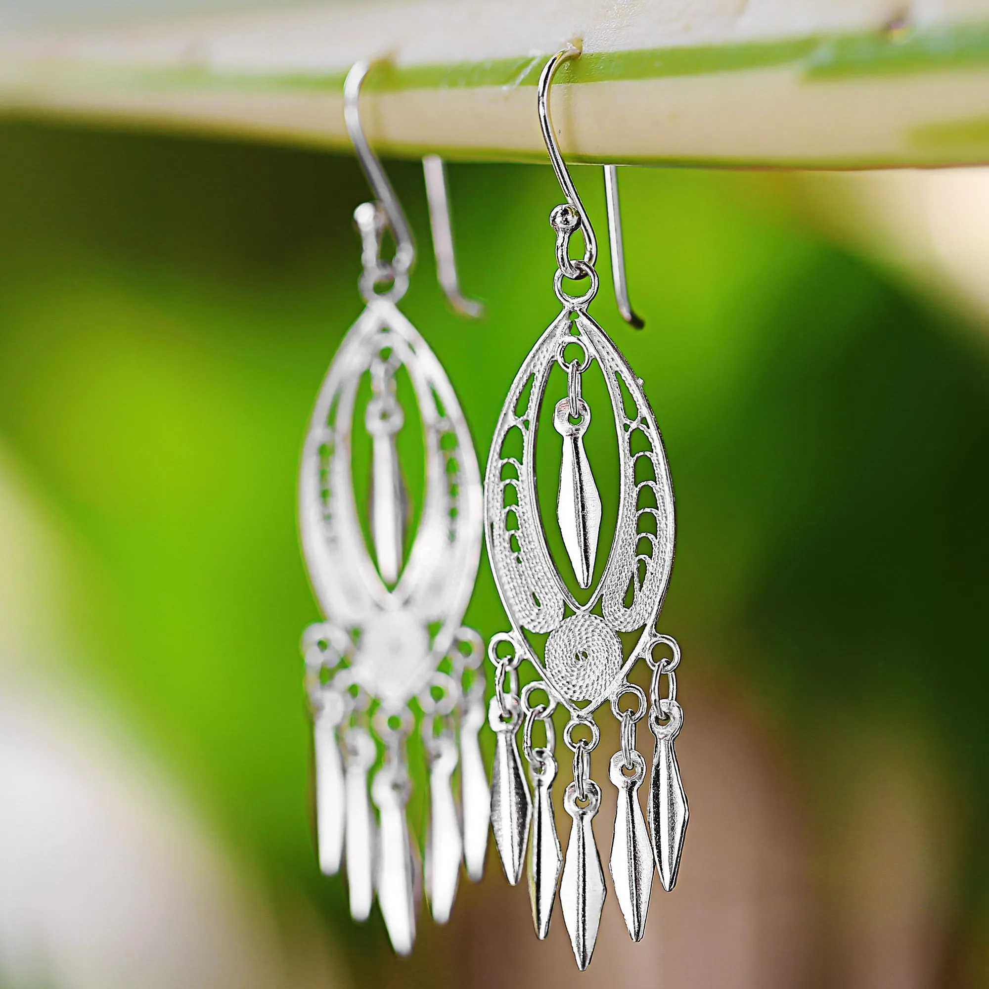 Sterling Silver Filigree Chandelier Earrings from Thailand - Shining Spears | NOVICA