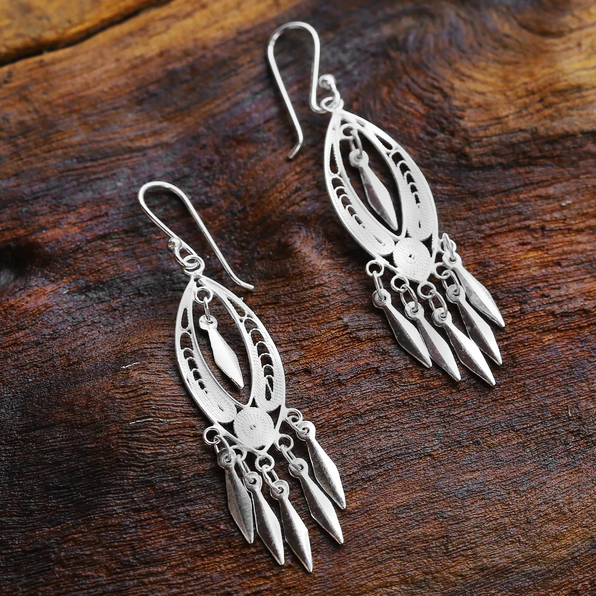 Sterling Silver Filigree Chandelier Earrings from Thailand - Shining Spears | NOVICA