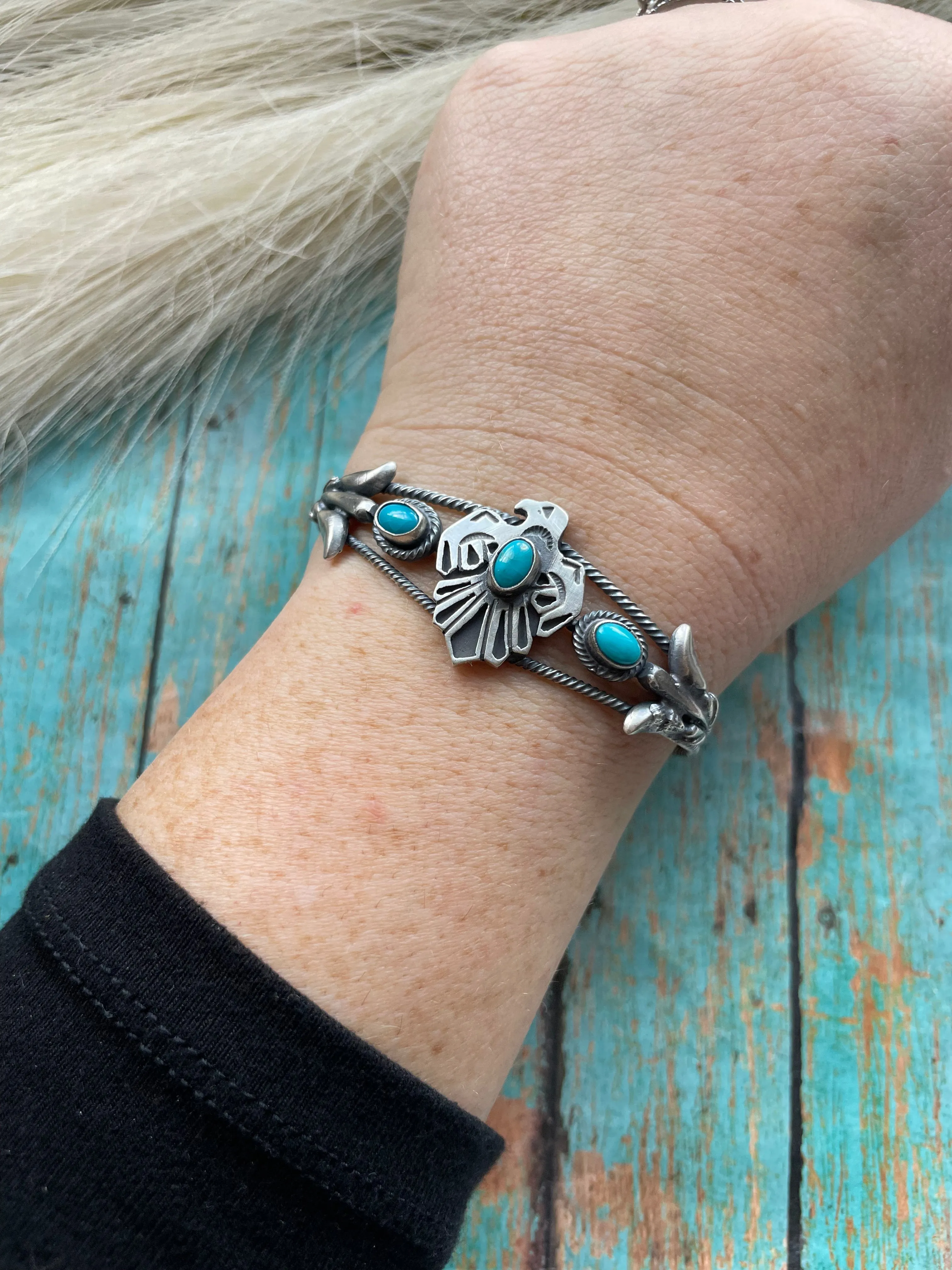 Sterling Silver Navajo Turquoise Thunderbird Adjustable Cuff Bracelet