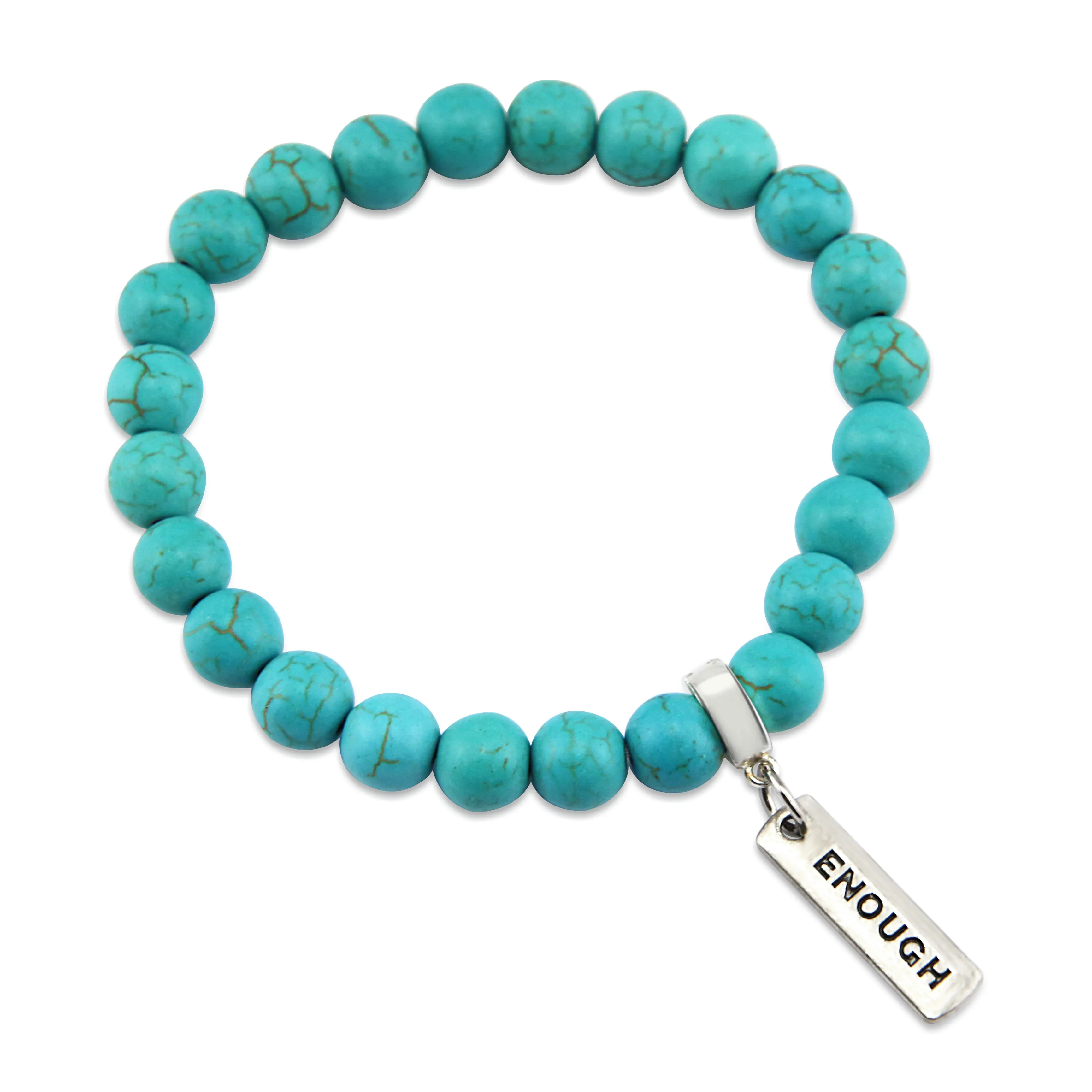 Stone Bracelet - Turquoise 8mm Beads - with Silver Word charm