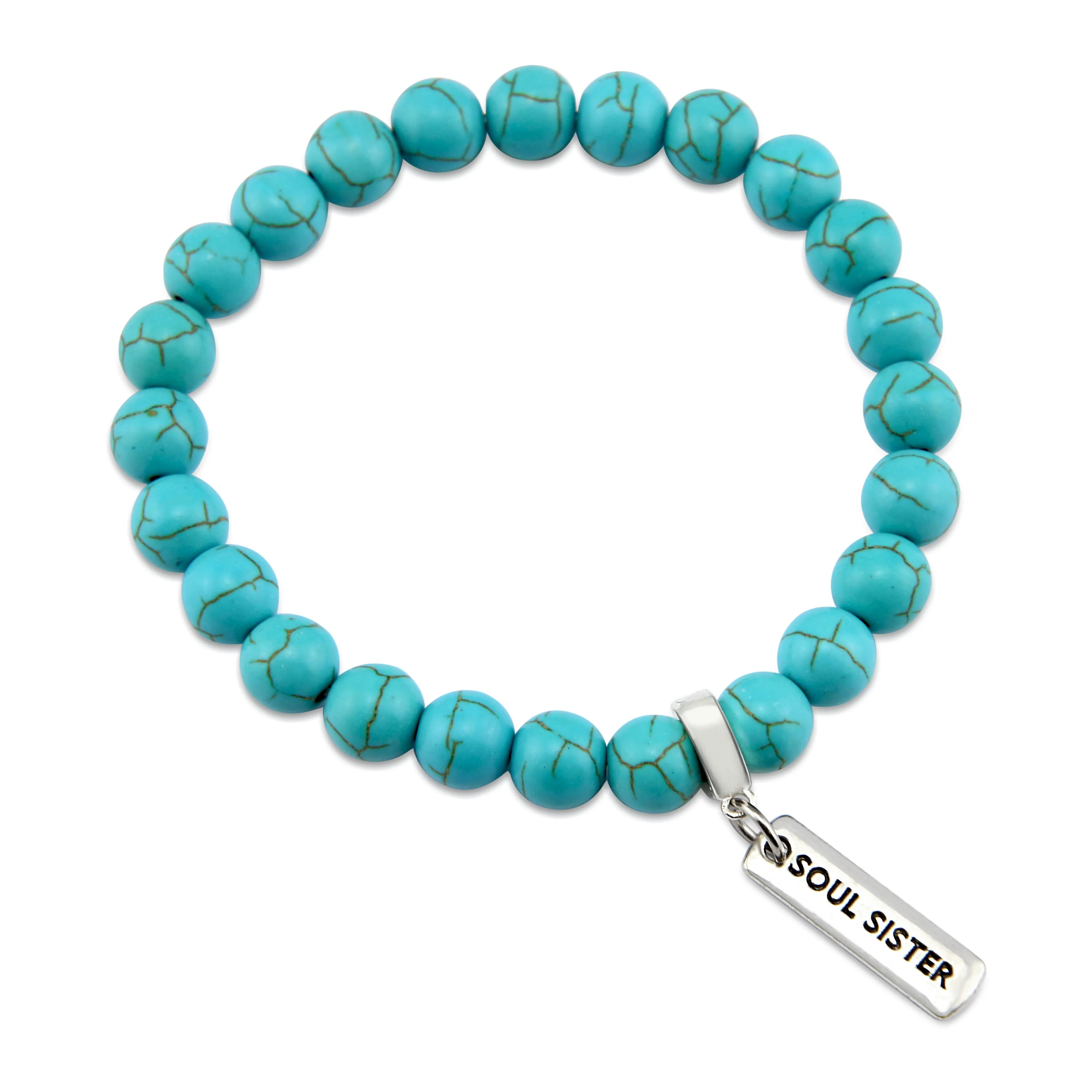 Stone Bracelet - Turquoise 8mm Beads - with Silver Word charm