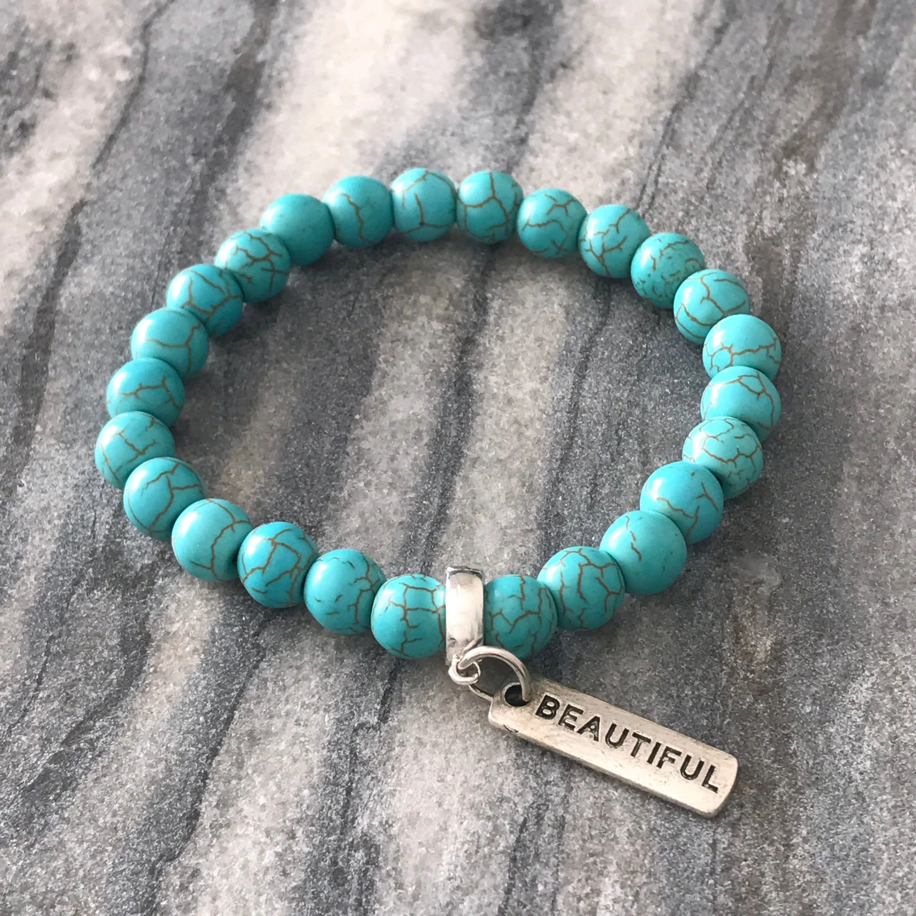 Stone Bracelet - Turquoise 8mm Beads - with Silver Word charm