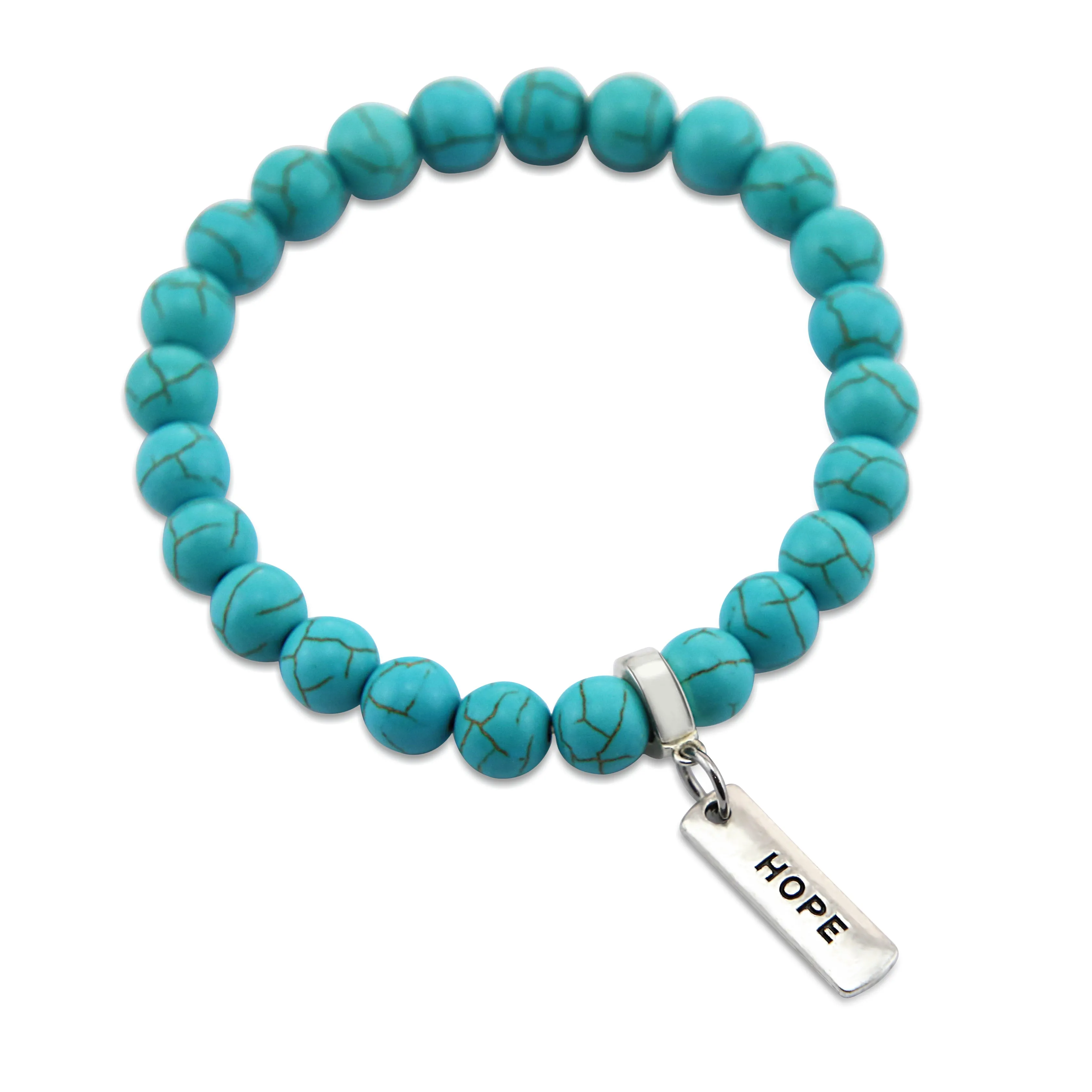 Stone Bracelet - Turquoise 8mm Beads - with Silver Word charm