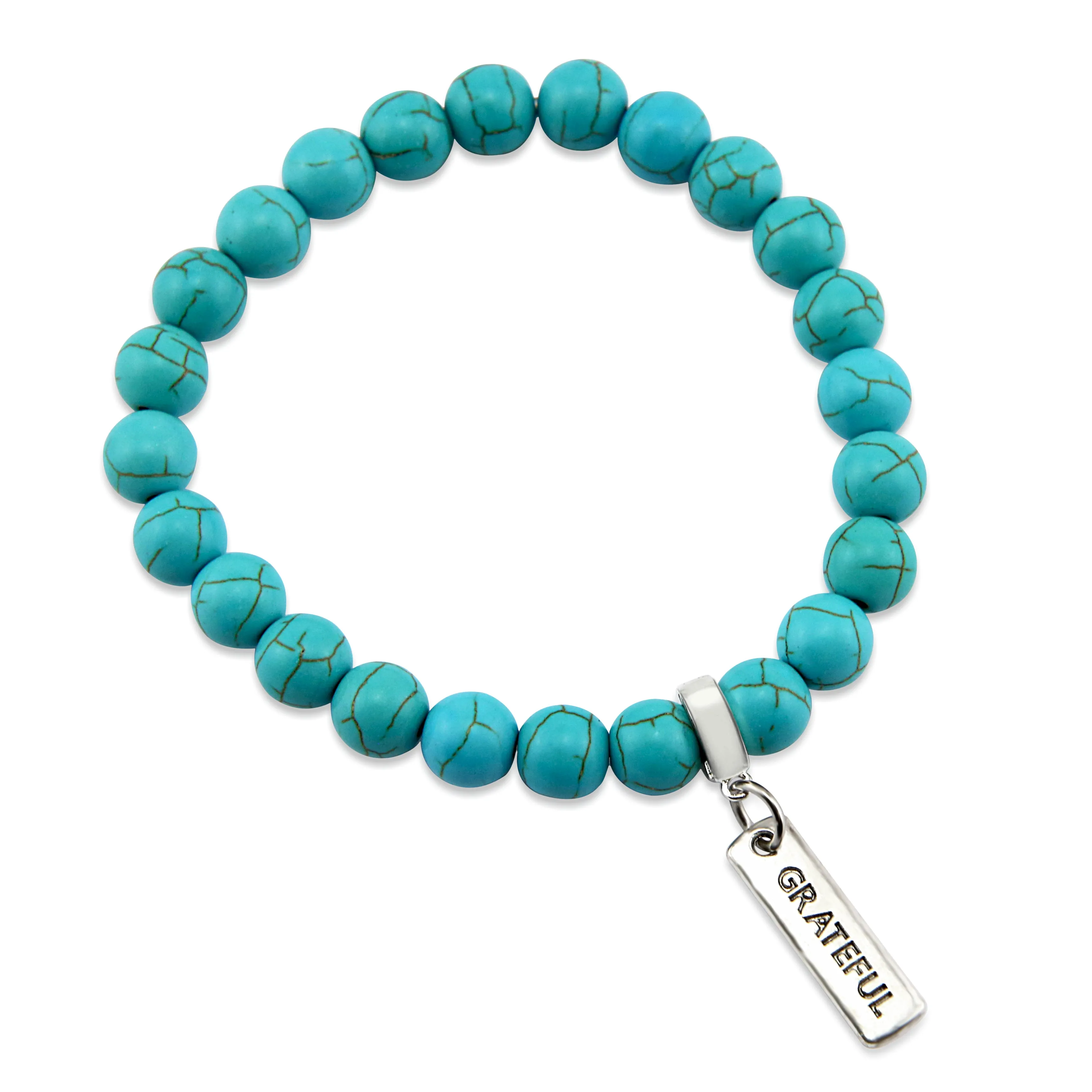 Stone Bracelet - Turquoise 8mm Beads - with Silver Word charm