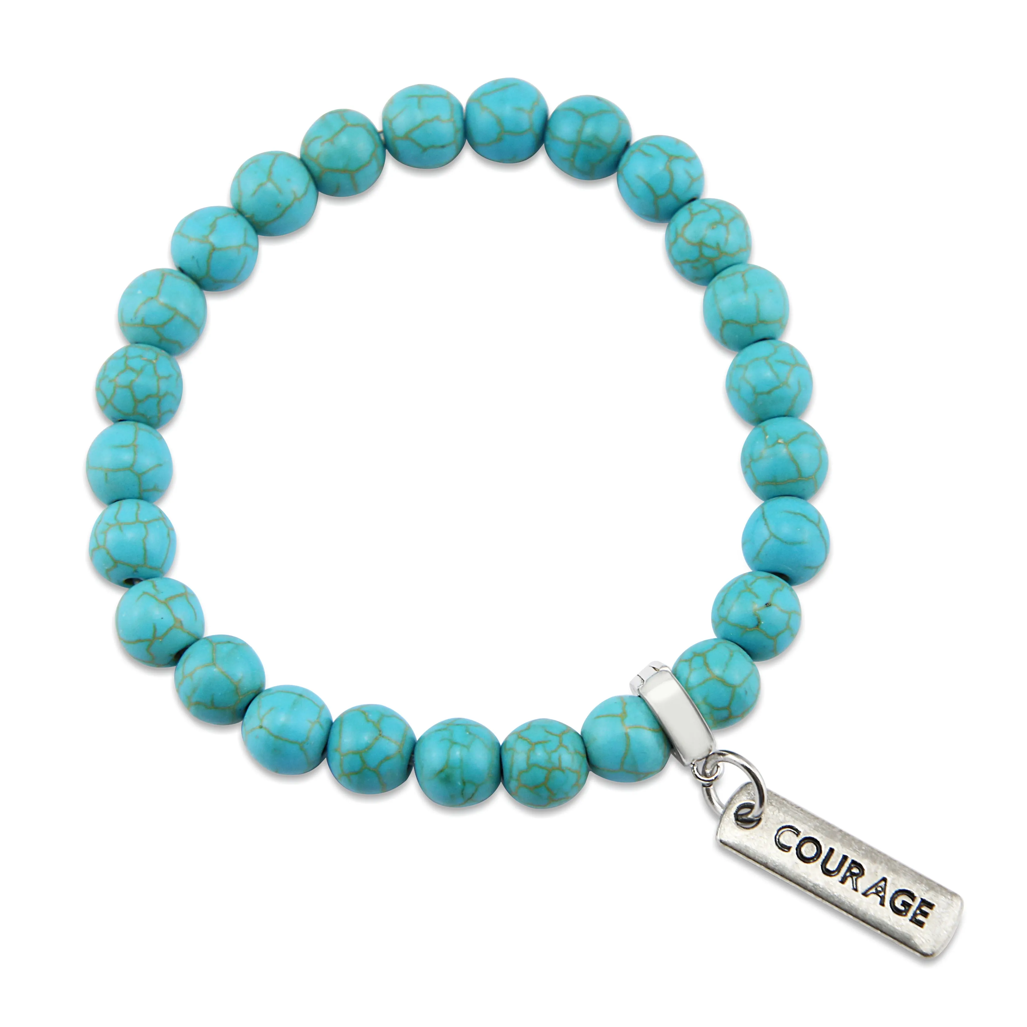 Stone Bracelet - Turquoise 8mm Beads - with Silver Word charm