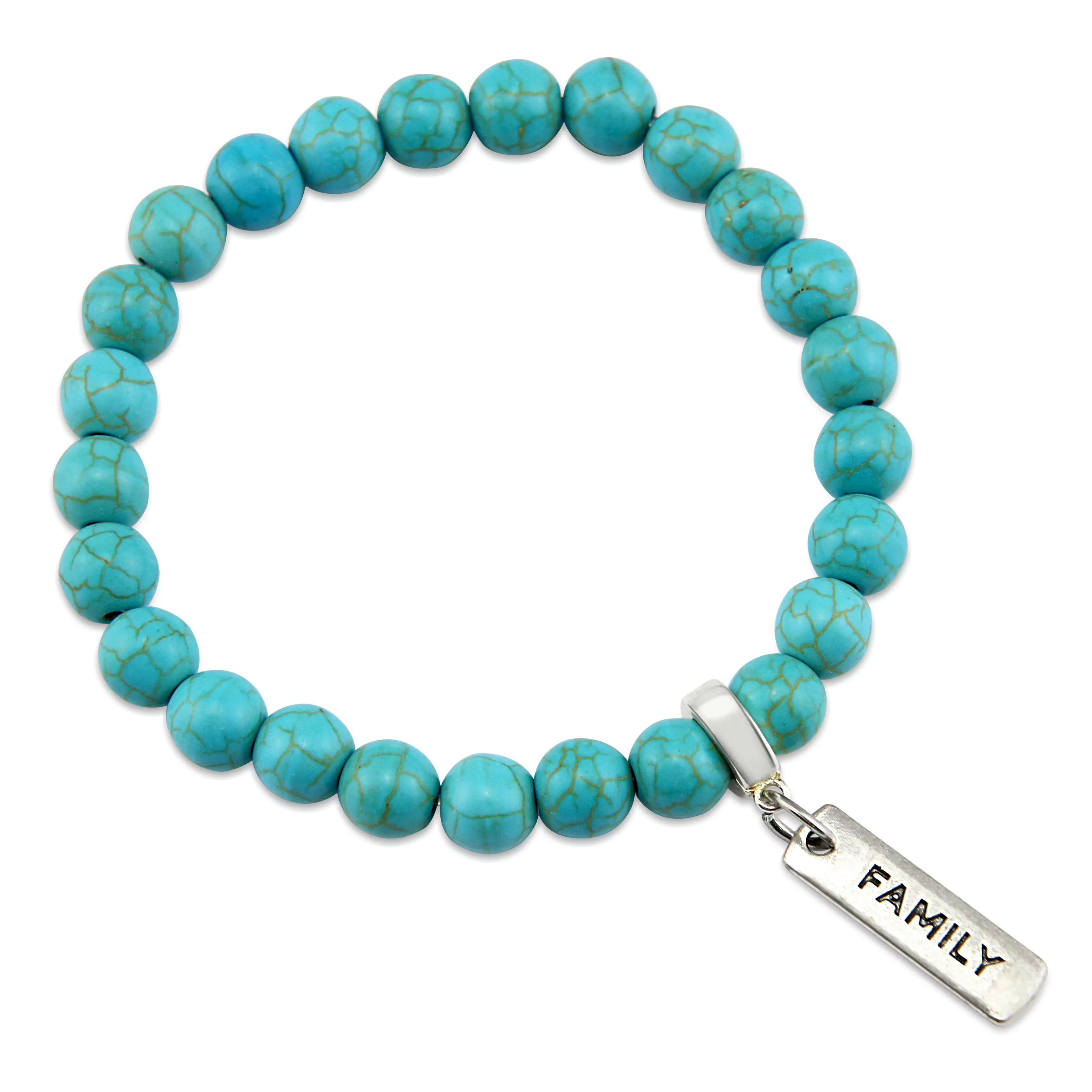 Stone Bracelet - Turquoise 8mm Beads - with Silver Word charm