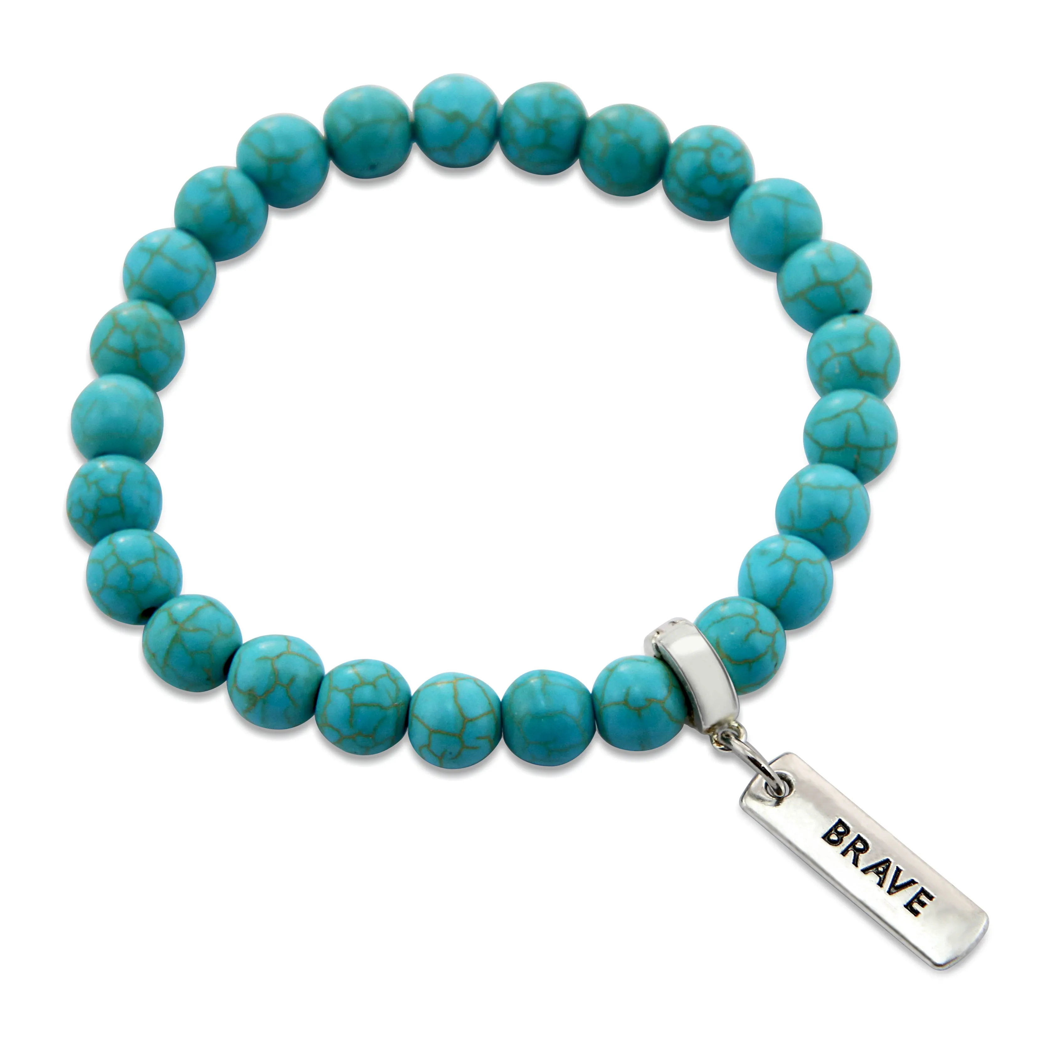 Stone Bracelet - Turquoise 8mm Beads - with Silver Word charm