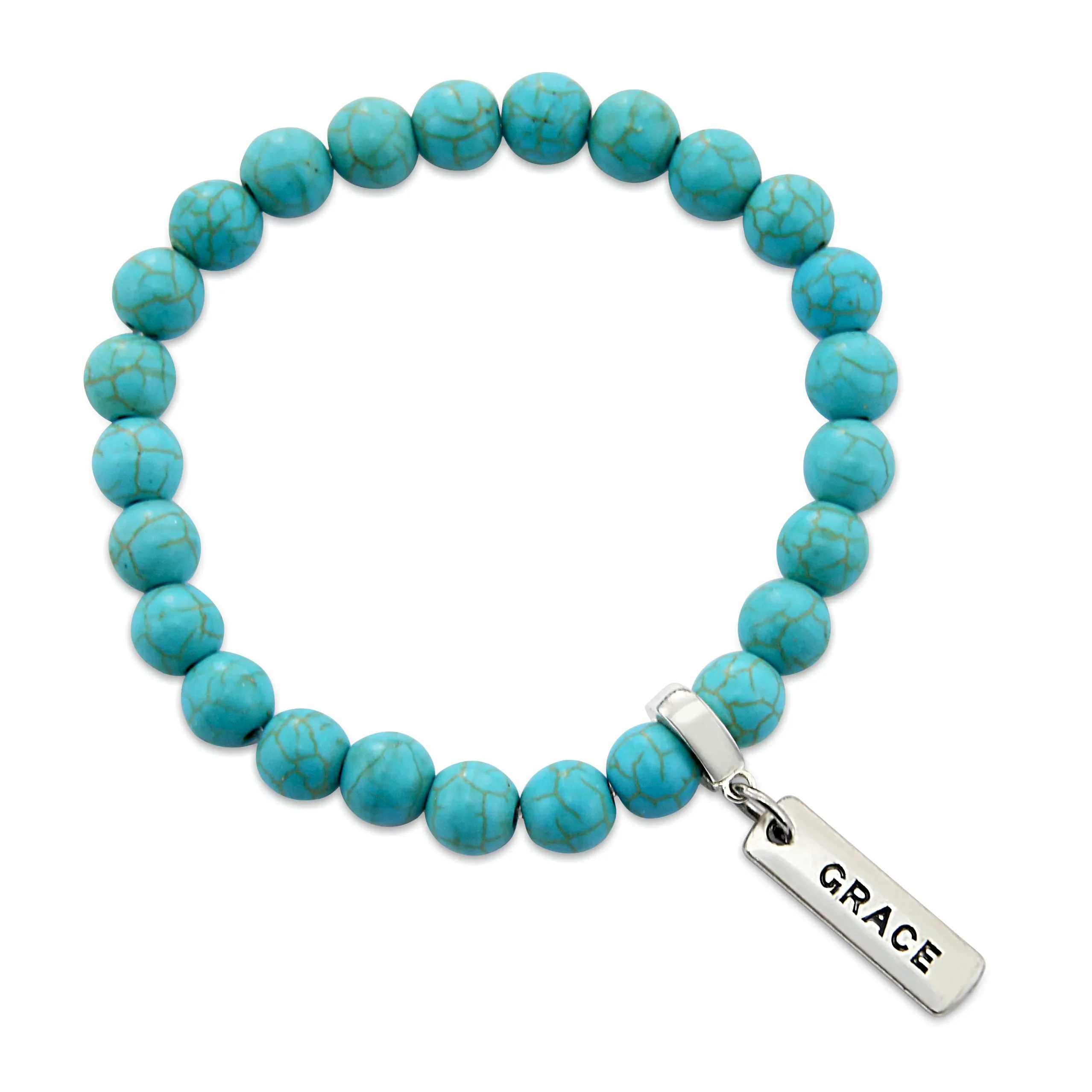 Stone Bracelet - Turquoise 8mm Beads - with Silver Word charm