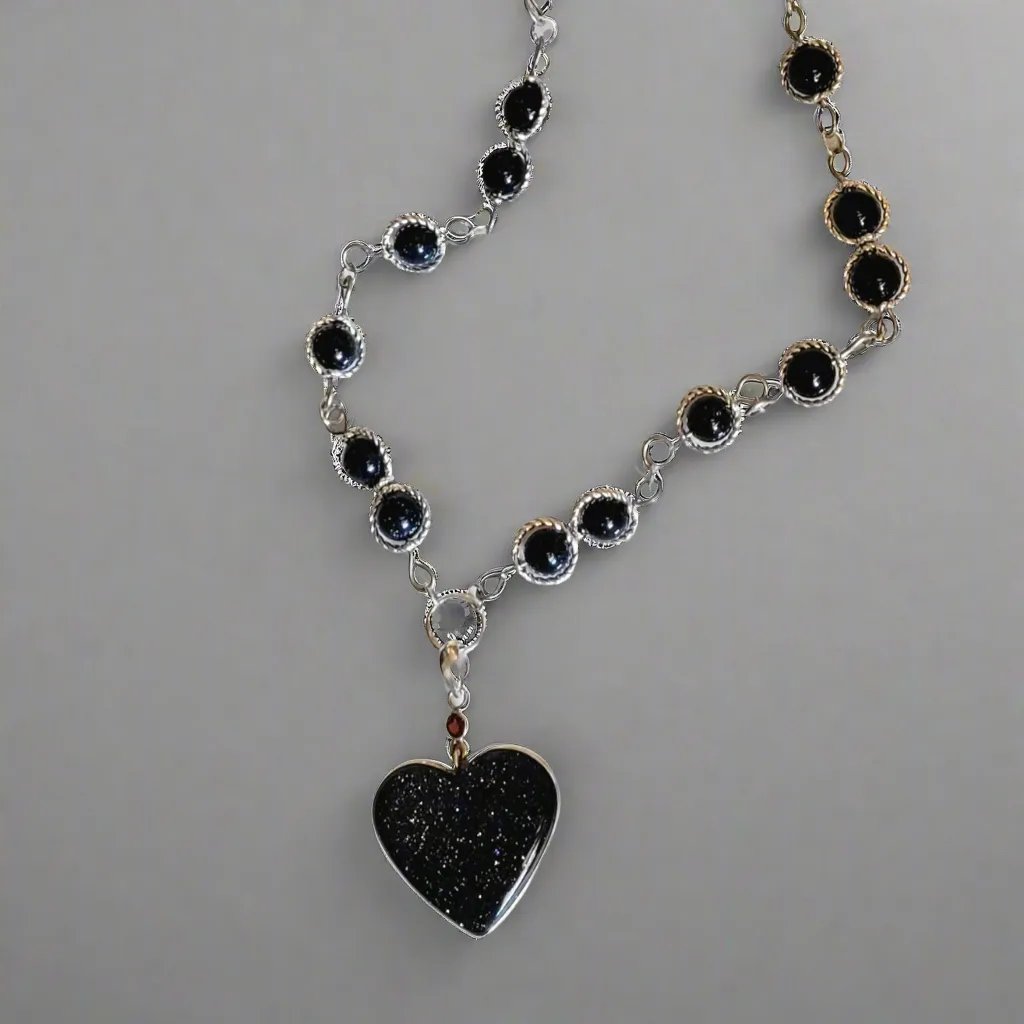 Sunstone in Iolite Heart & Garnet 925 Sterling Silver Pendant on Blue Sandstone Beaded Necklace