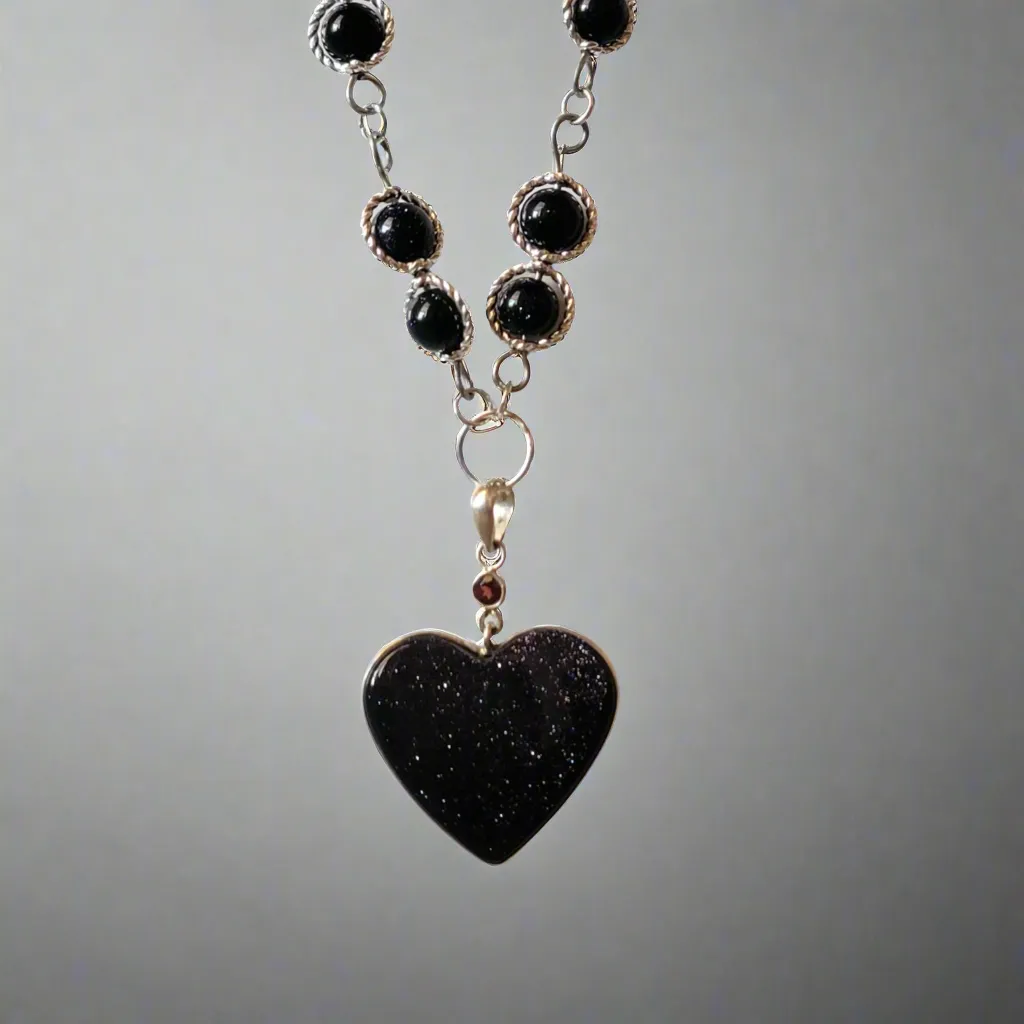 Sunstone in Iolite Heart & Garnet 925 Sterling Silver Pendant on Blue Sandstone Beaded Necklace