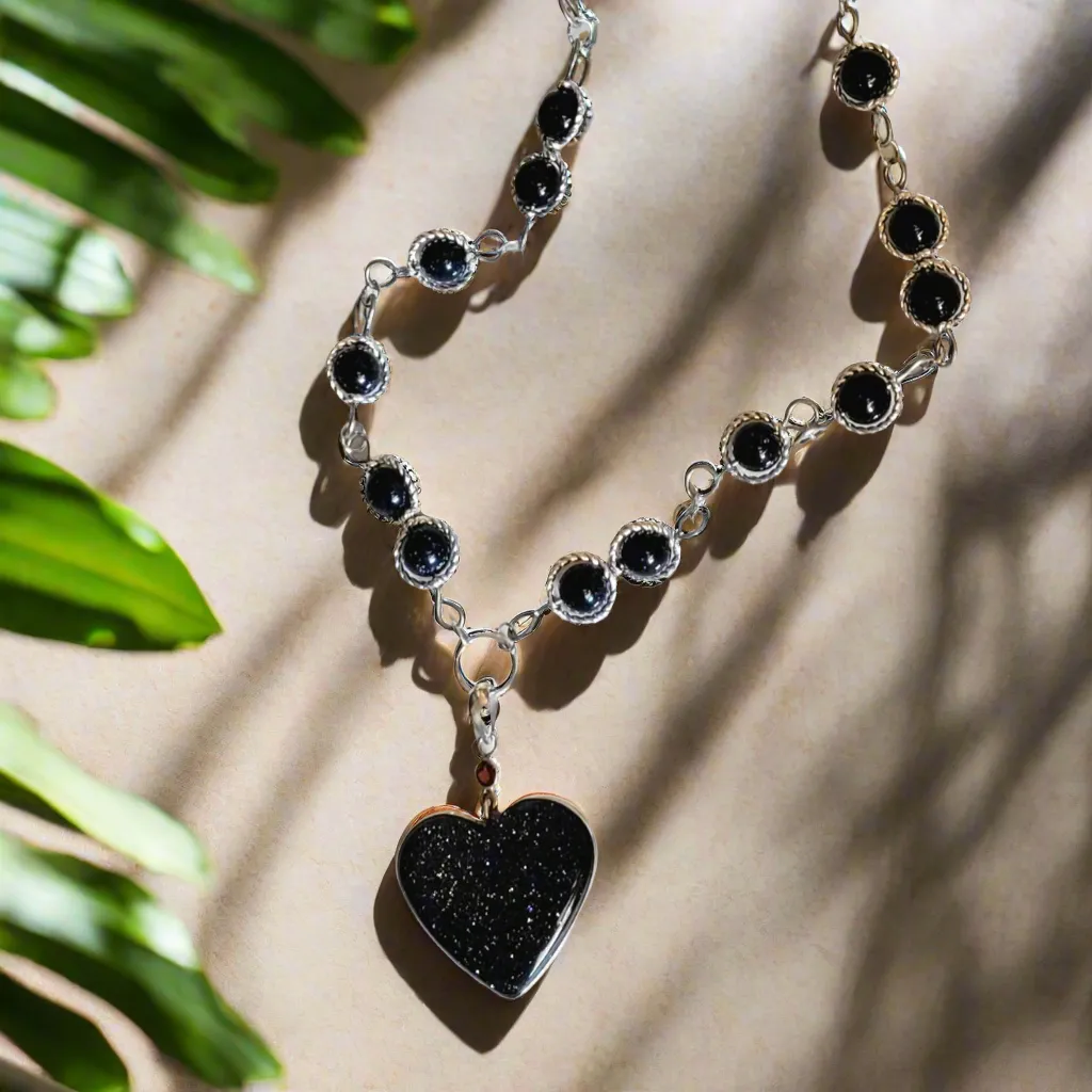 Sunstone in Iolite Heart & Garnet 925 Sterling Silver Pendant on Blue Sandstone Beaded Necklace