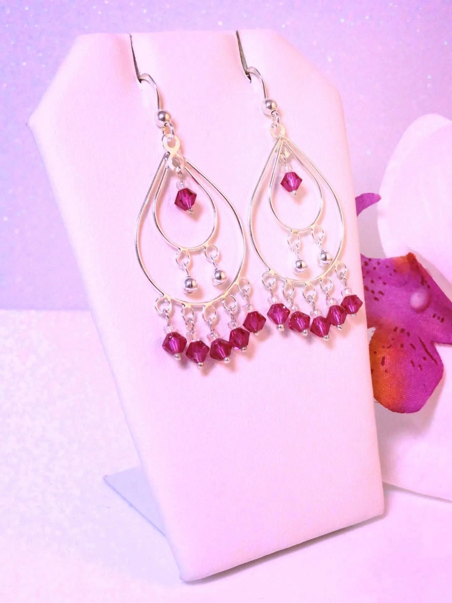 Swarovski Crystal in Fuchsia, Chandelier Earrings, set in 92.5 Sterling Silver