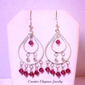 Swarovski Crystal in Fuchsia, Chandelier Earrings, set in 92.5 Sterling Silver